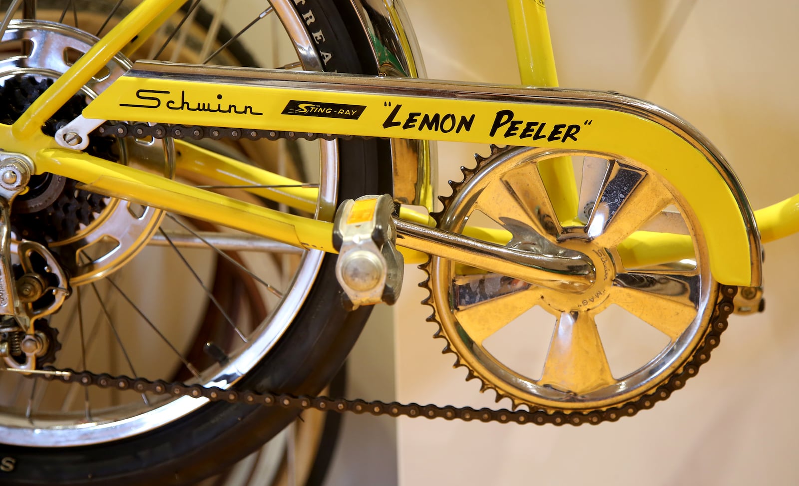 For kids in the late 1960s and early 1970s, a Schwinn Sting-Ray Krate bike was the coolest ride around. Nearly a dozen Krates are on display at The Bicycle Museum of America in a variety of colors including “Grey Ghost,” “Lemon Peeler” yellow and “Pea Picker” green. LISA POWELL / STAFF