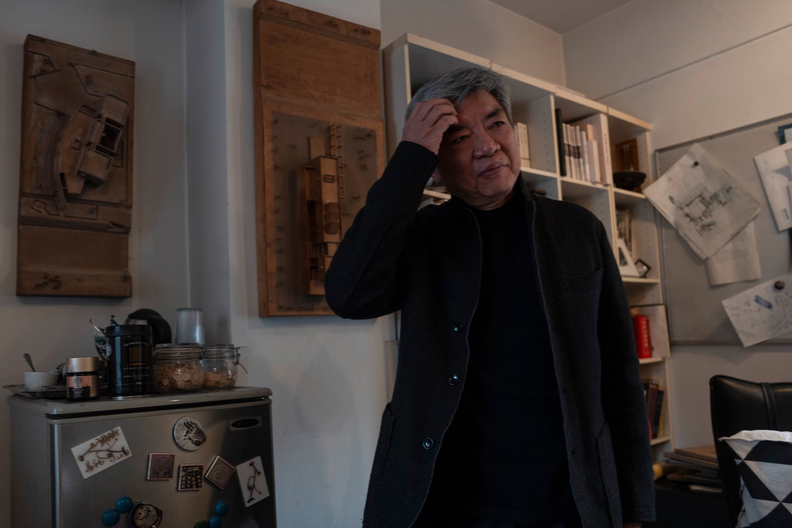 Pritzker Architecture Prize winner Chinese architect Liu Jiakun reacts after an interview in his office in Chengdu in southwestern China's Sichuan province on Sunday, March 2, 2025. (AP Photo/Ng Han Guan)