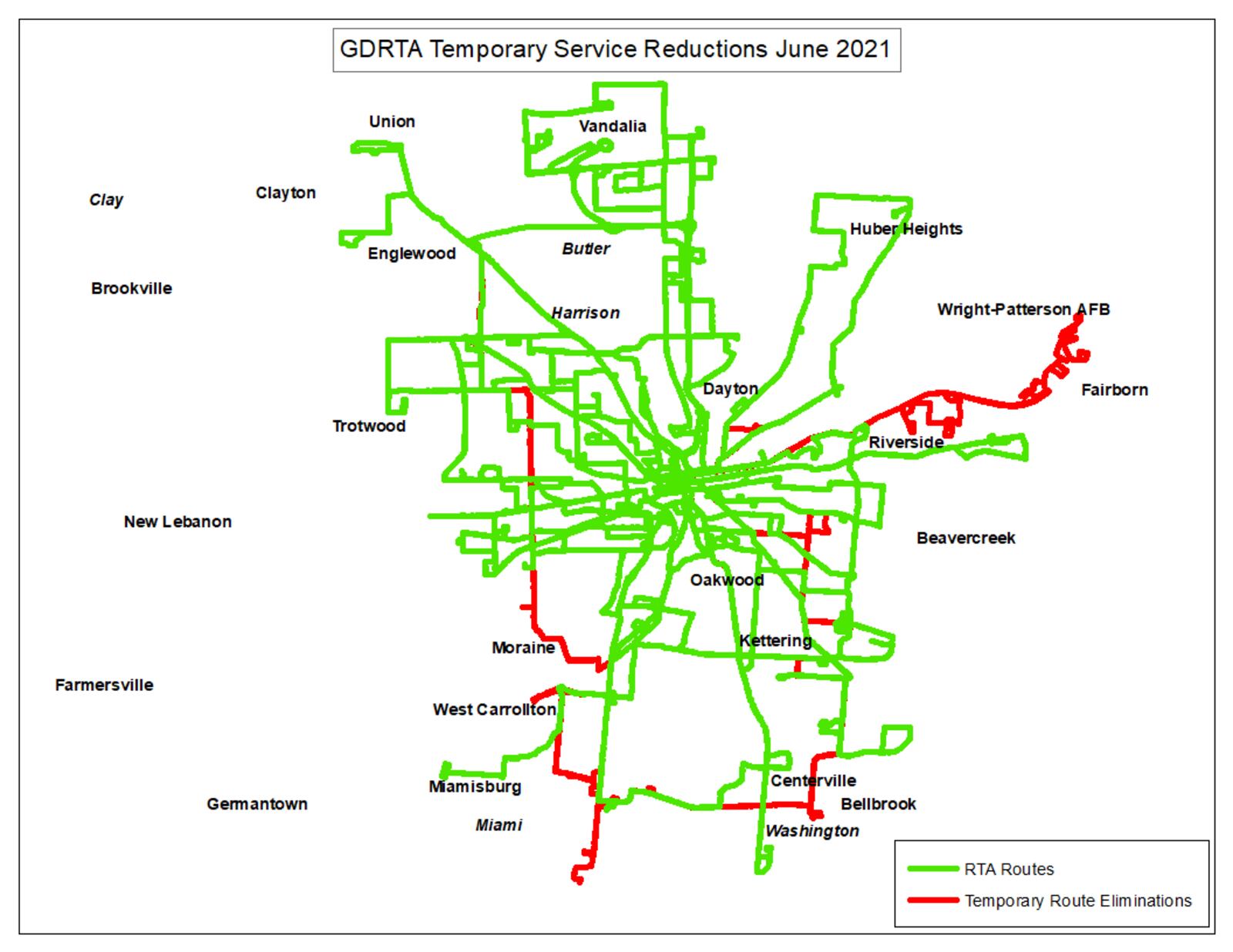 A map of Greater Dayton RTA's route eliminations. CONTRIBUTED