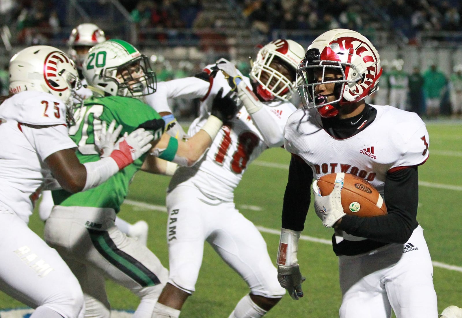 Sammy Anderson s 35-yard interception return for a touchdown late in the fourth quarter sealed Trotwood-Madison s 20-7 defeat of Badin in a D-III, Region 12 high school football final at Miamisburg on Friday, Nov. 22, 2019. MARC PENDLETON / STAFF