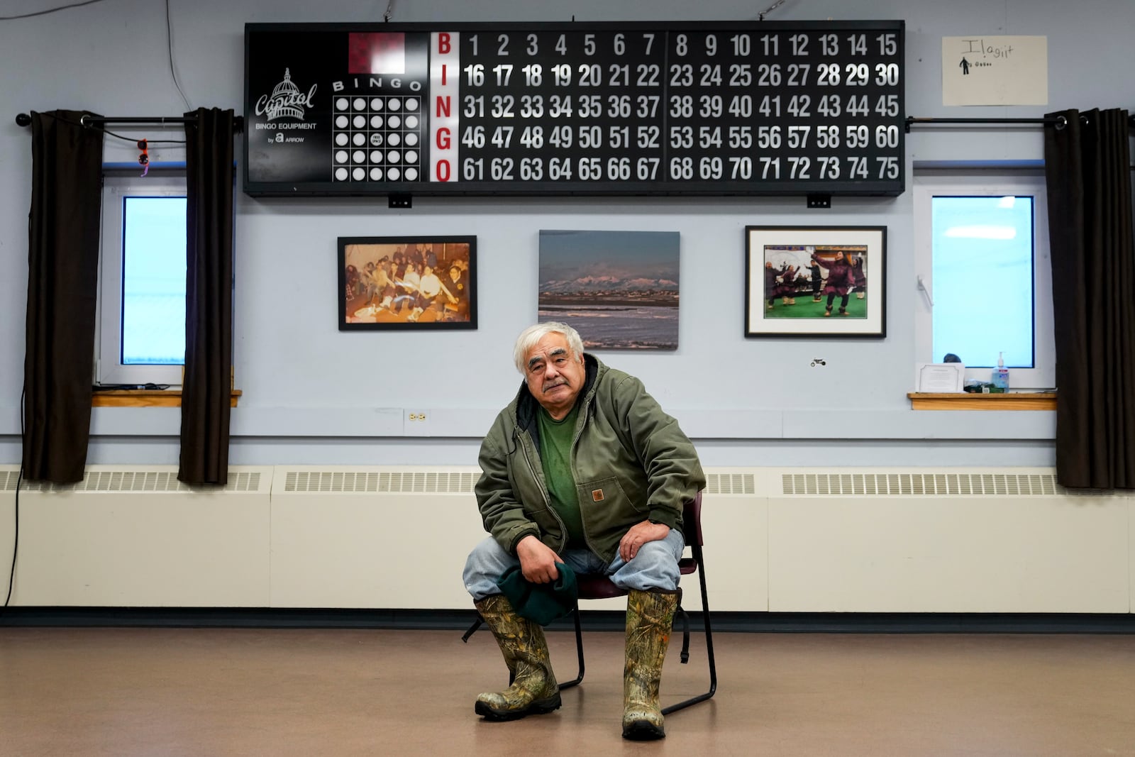 Robert Thompson, an Inupiaq hunter and polar bear guide who opposes oil drilling in the Arctic National Wildlife Refuge, poses for a portrait at the village community center and city hall, Wednesday, Oct. 16, 2024, in Kaktovik, Alaska. (AP Photo/Lindsey Wasson)