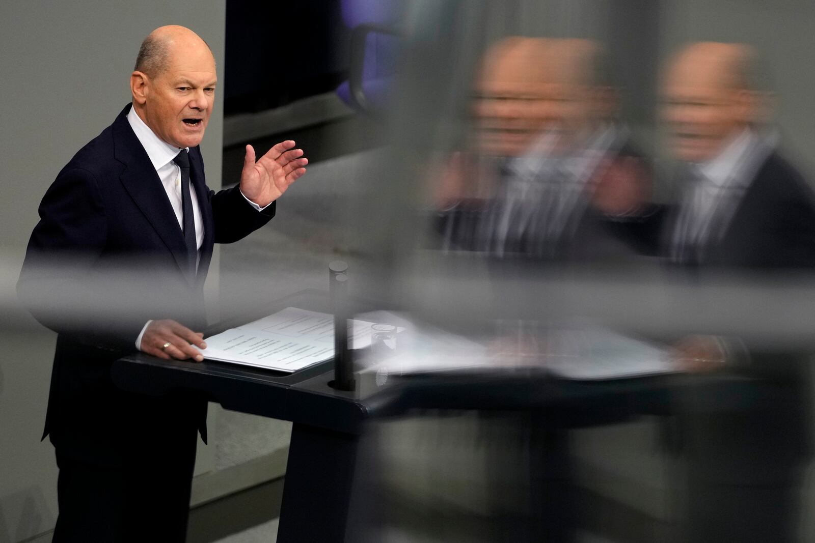 German Chancellor Olaf Scholz delivers his government statement in the German parliament Bundestag in Berlin, Germany, Wednesday, Nov. 13, 2024. (AP Photo/Markus Schreiber)