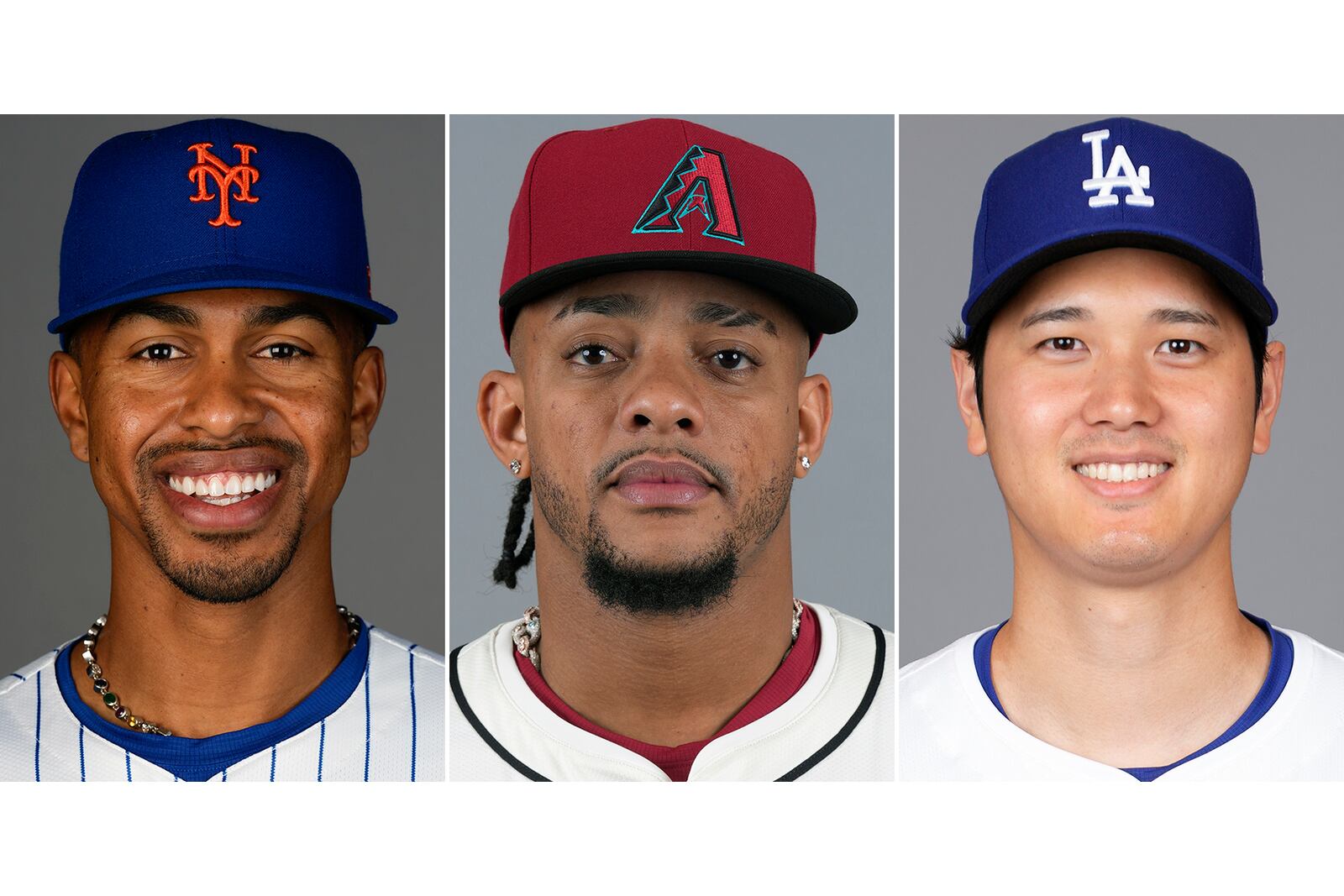 FILE - From left are baseball players, New York Mets' Francisco Lindor, Arizona Diamondbacks' Ketel Marte and Los Angeles Dodgers' Shohei Ohtani, in 2024. (AP Photo/File)