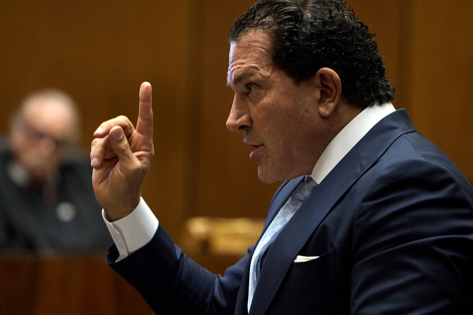 Attorney Joe Tacopina speaks during closing arguments in the trial of A$AP Rocky, Thursday, Feb. 13, 2025, in Los Angeles. (Allison Dinner/Pool Photo via AP)