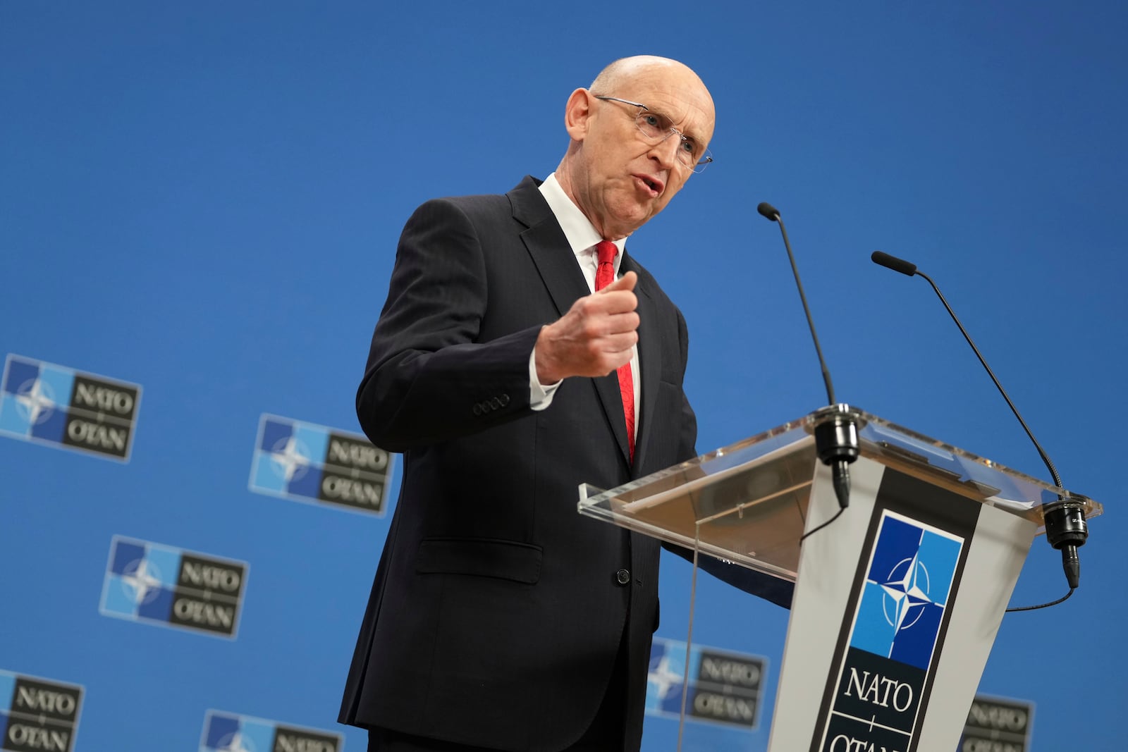 Britain's Defense Secretary John Healey speaks during a media conference after a meeting of the Ukraine Defense Contact group at NATO headquarters in Brussels, Wednesday, Feb. 12, 2025. (AP Photo/Virginia Mayo)