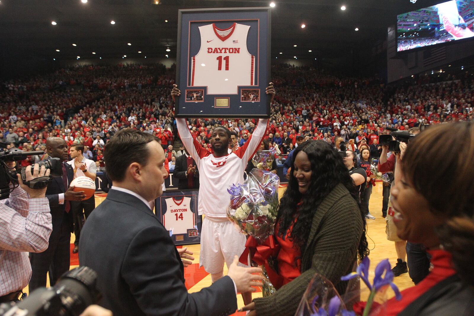 Dayton's Scoochie Smith is honored on Senior Night before a game against Virginia Commonwealth on Wednesday, March 1, 2017, at UD Arena.