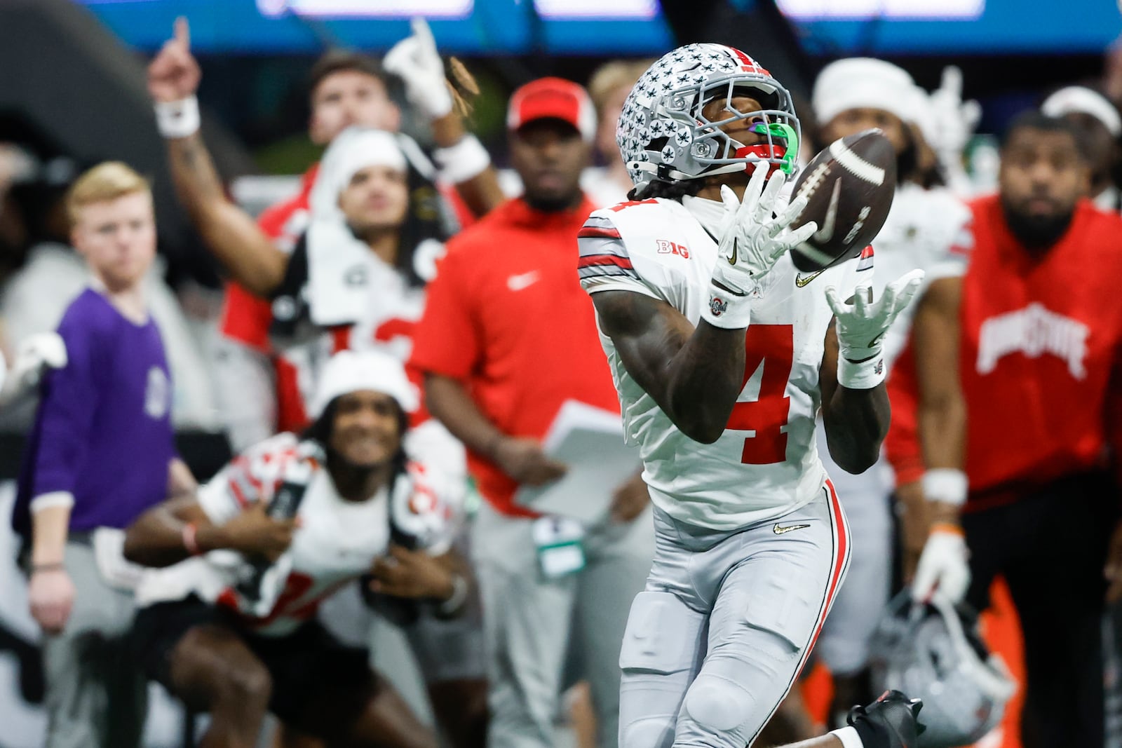 Ohio State wide receiver Jeremiah Smith catches a pass against Notre Dame during second half of the College Football Playoff national championship game Monday, Jan. 20, 2025, in Atlanta. (AP Photo/Butch Dill)