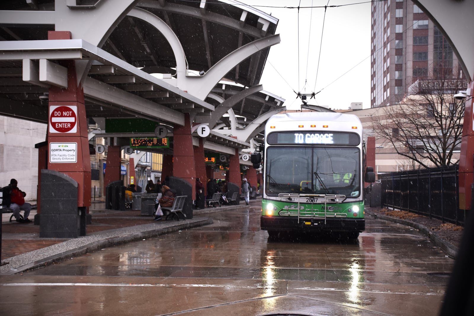 A Greater Dayton RTA bus at the Wright Stop Plaza Transit Center in downtown Dayton. CORNELIUS FROLIK / STAFF