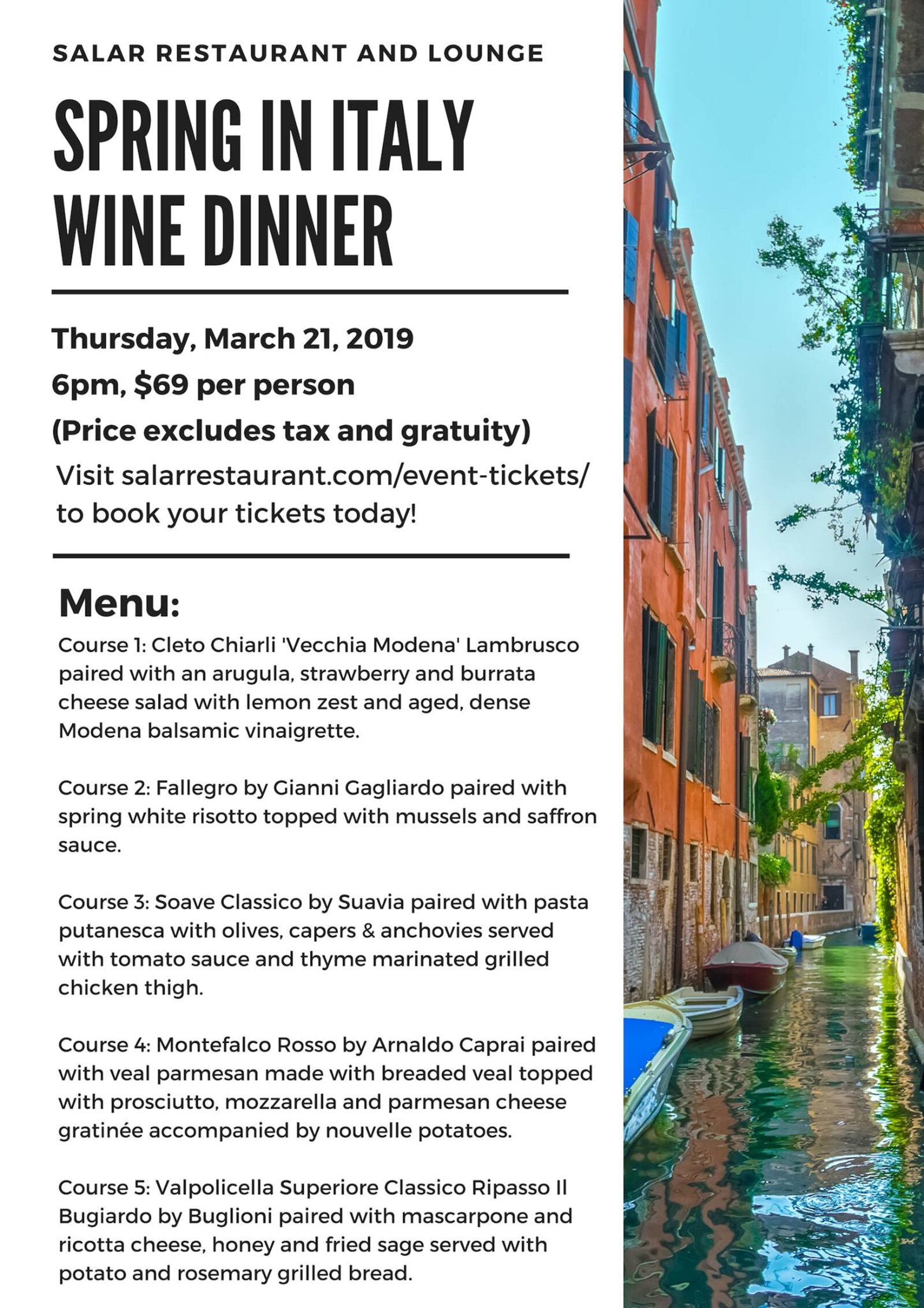 Menu for March 21, 2019 Spring in Italy wine dinner at Salar. Source: Facebook