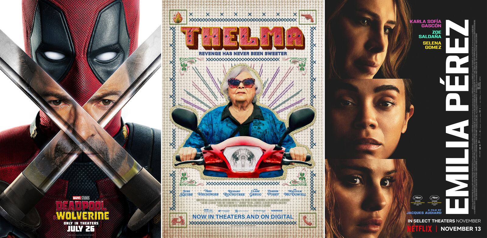 This combination of images shows promotional art for the films "Deadpool & Wolverine," from left, "Thelma", and "Emilia Perez" (The Walt Disney Studios/Magnolia Pictures/Netflix via AP)