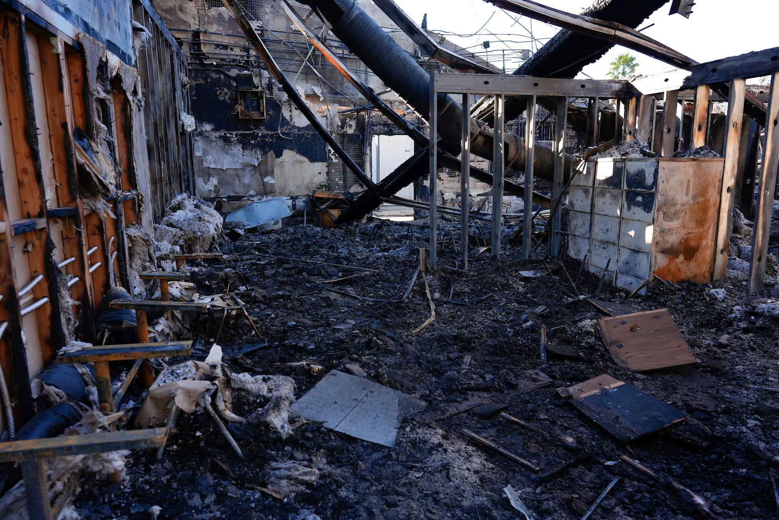 The inside of a classroom is seen at Palisades High School in the aftermath of the Palisades Fire in the Pacific Palisades neighborhood of Los Angeles, Tuesday, Jan. 14, 2025. (AP Photo/Carolyn Kaster)