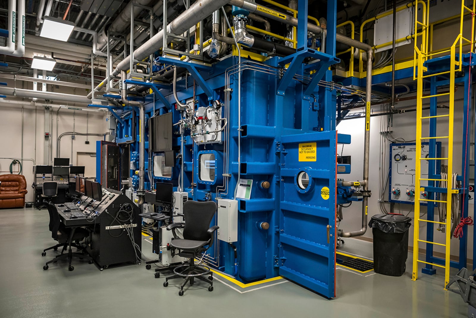 Shown is research altitude chamber three following a ribbon-cutting ceremony May 27 at the Air Force Research Laboratory’s 711th Human Performance Wing at Wright-Patterson Air Force Base, Ohio. One of four chambers, this chamber is utilized to perform rapid decompressions as quickly as .04 seconds with qualified research participants up to 60,000 feet. U.S. AIR FORCE PHOTO/RICHARD ELDRIDGE