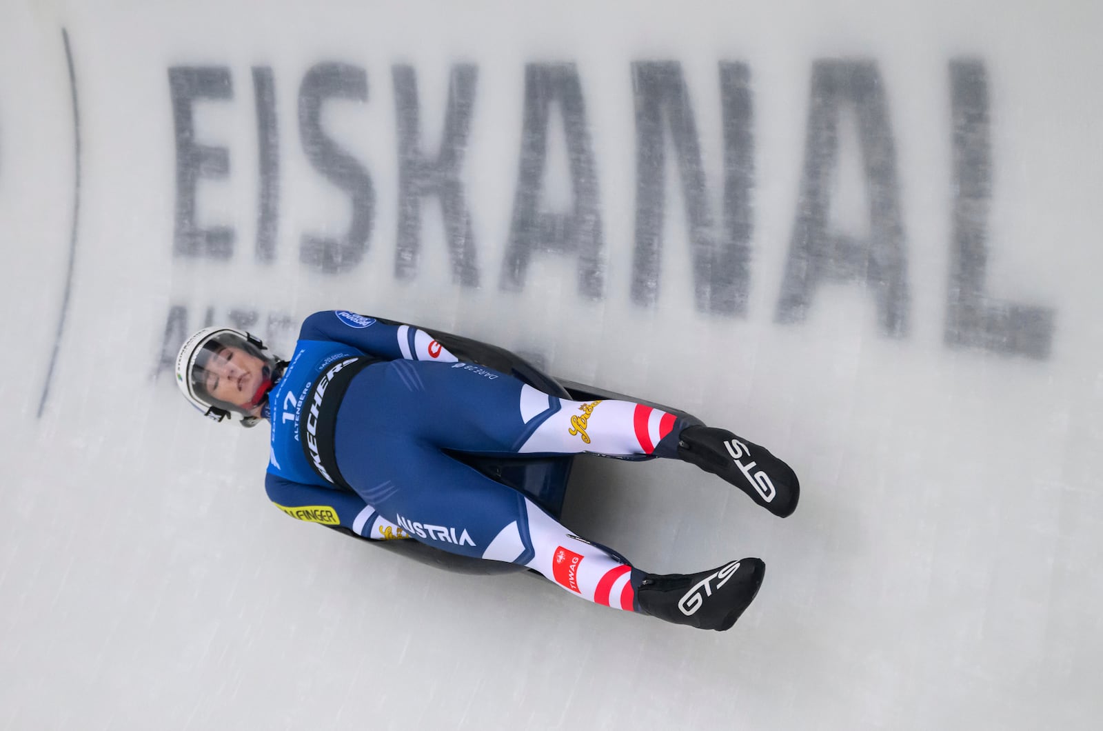 Madeleine Egle from Austria in action during the women's single-seater 1st run at the Luge World Cup in Altenberg, Germany, Sunday Jan. 12, 2025. (Robert Michael/dpa via AP)