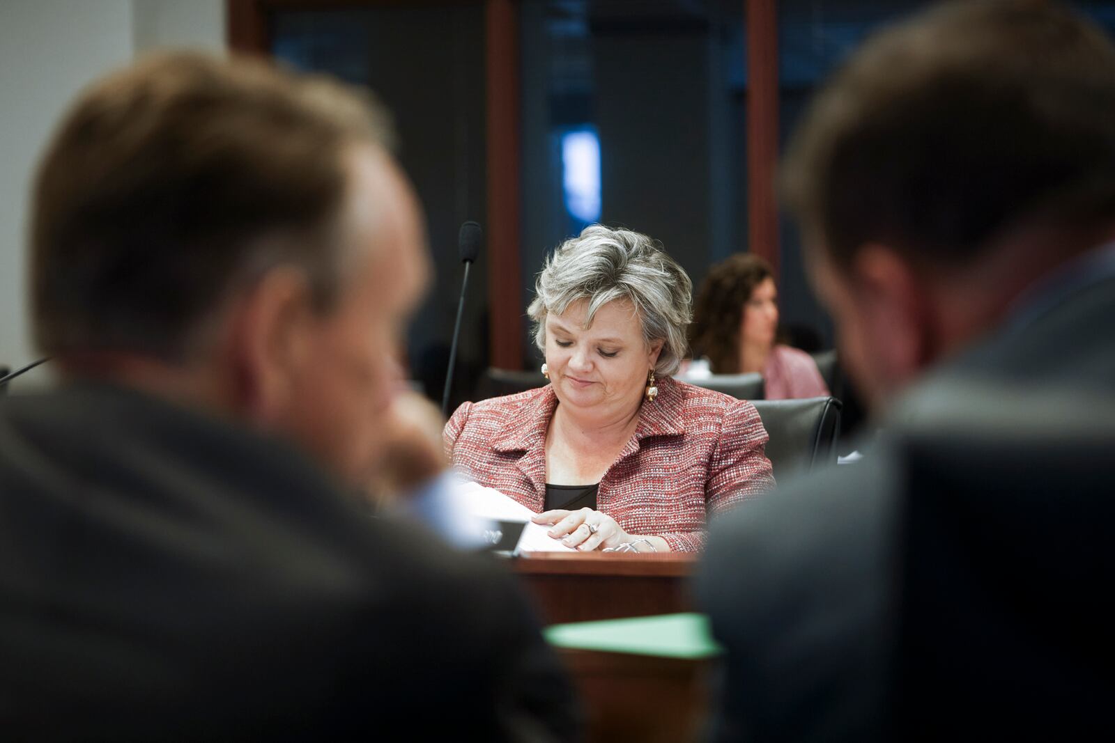 Sen. Nicole Akins Boyd, R-Oxford, listens during a Mississippi Joint Legislative Budget Committee meeting at the Woolfolk state office building Sept. 26, 2024, in Jackson, Miss. (AP Photo/Justin Hardiman)