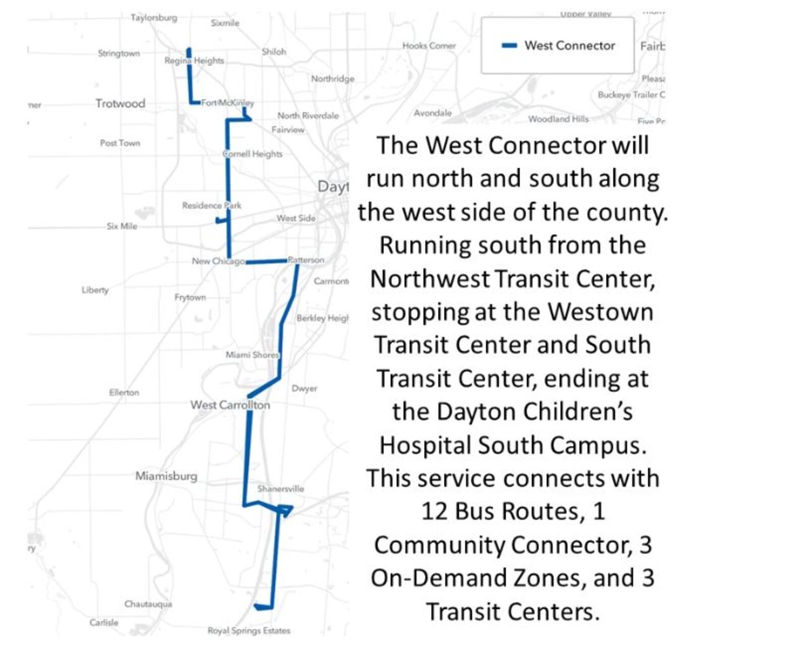 A map showing the proposed route of the Greater Dayton RTA's West Connector service. CONTRIBUTED