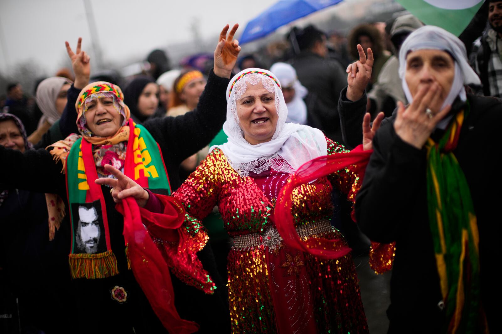 FILE - Kurdish women dance during the Newroz celebrations marking the start of spring in Istanbul, Turkey, Sunday, March 19, 2023. (AP Photo/Francisco Seco, File)