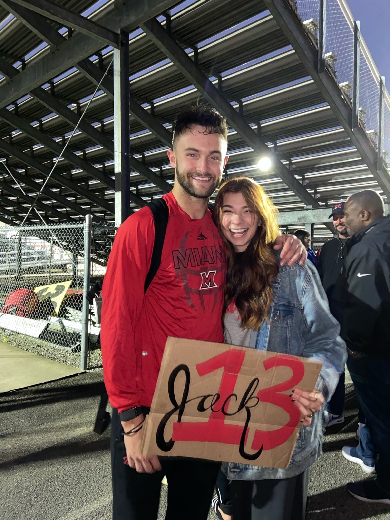 Jack Sorenson, the All Mid-American Conference receiver, and his girlfriend Paige Coffman after a RedHawks’ victory at Ball State this past season. Sorenson led Miami with 8 catches for 138 yards that game. He finished his senior season with 76 caches for 1,406 yards and 10 touchdowns. CONTRIBUTED