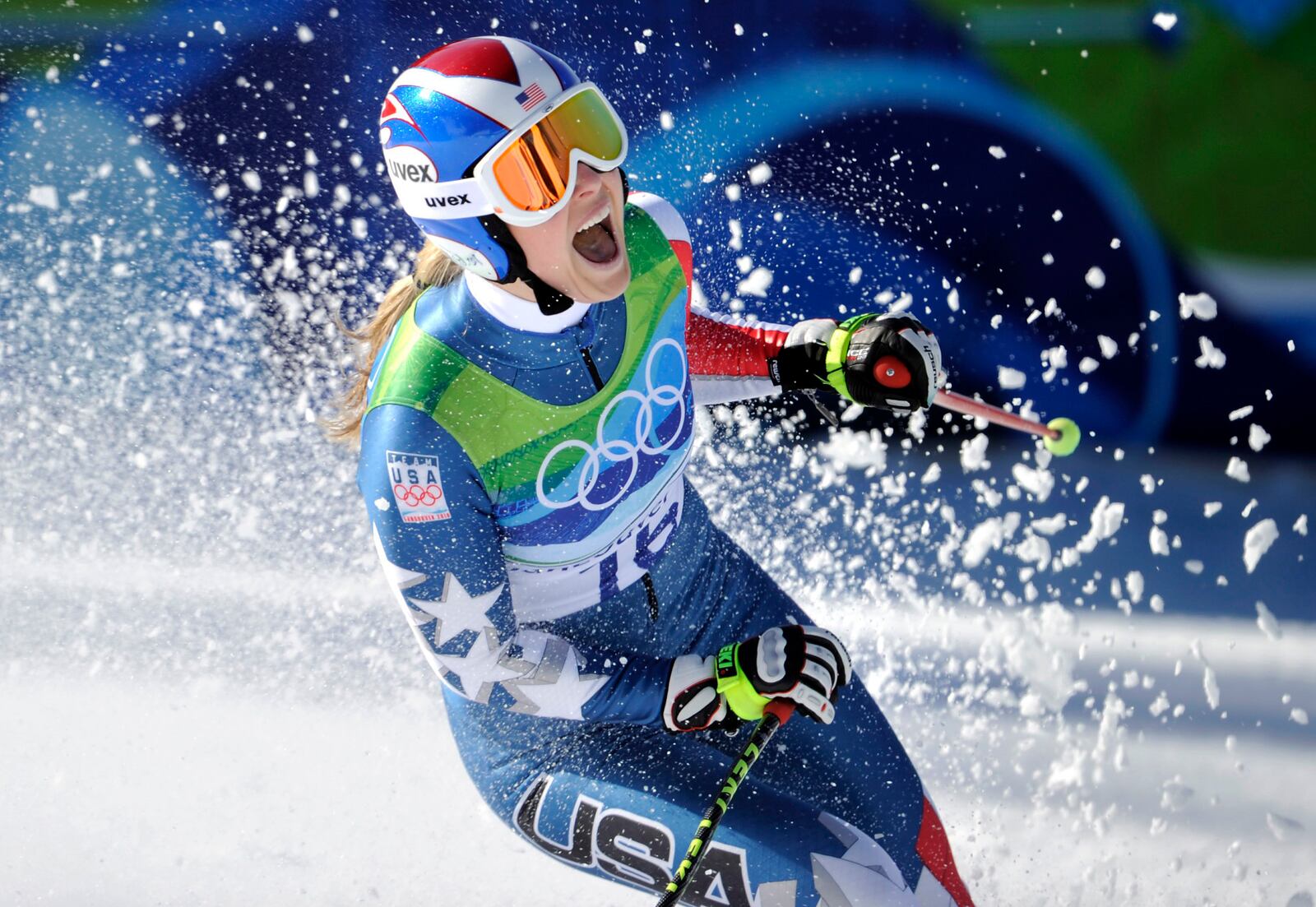 FILE - Lindsey Vonn of the United States, reacts in the finish area after completing the Women's downhill at the Vancouver 2010 Olympics in Whistler, British Columbia, Feb. 17, 2010. (AP Photo/Gero Breloer, File)