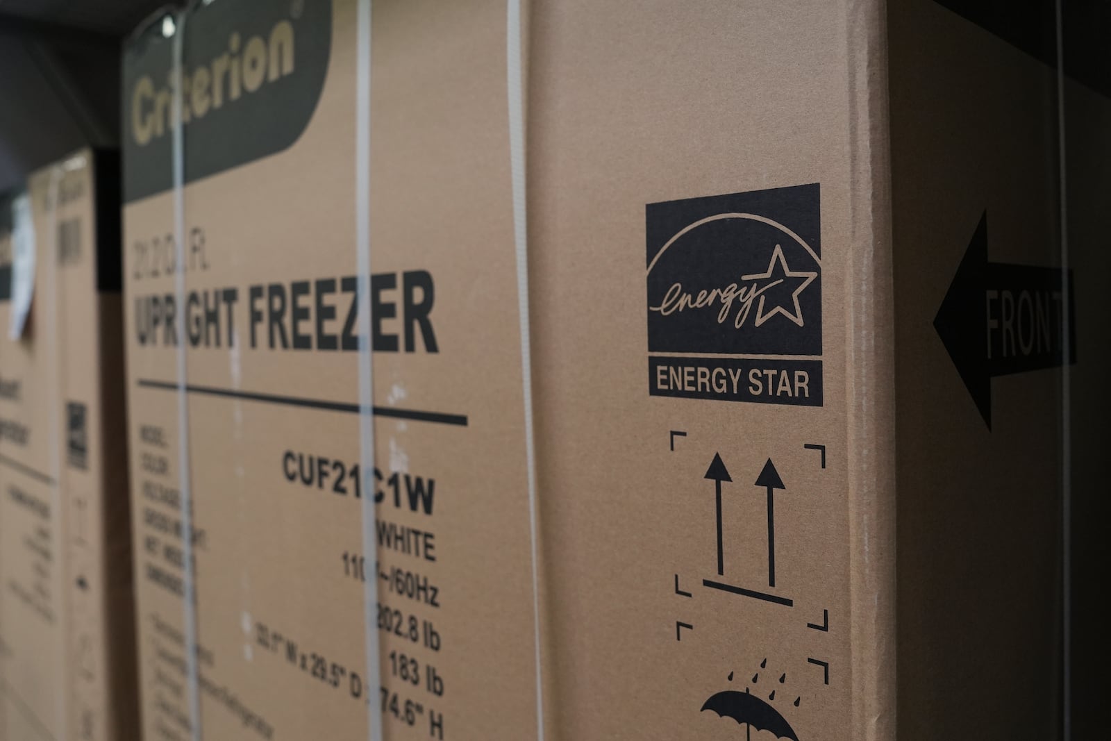 An energy star logo is displayed on a box for a freezer Tuesday, Jan. 21, 2025, in Evendale, Ohio. (AP Photo/Joshua A. Bickel)