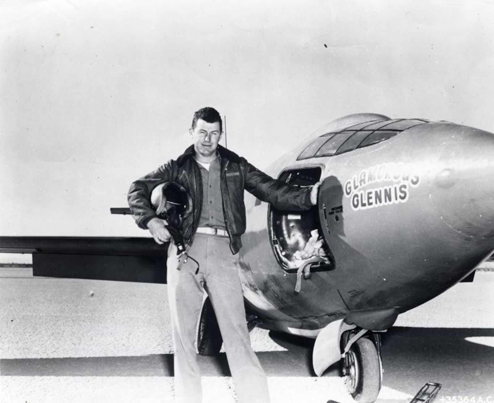 Chuck Yeager standing next to the Bell X-1 “Glamorous Glennis” that the test pilot broke the sound barrier in on Oct. 14, 1947. NATIONAL MUSEUM OF THE U.S. AIR FORCE