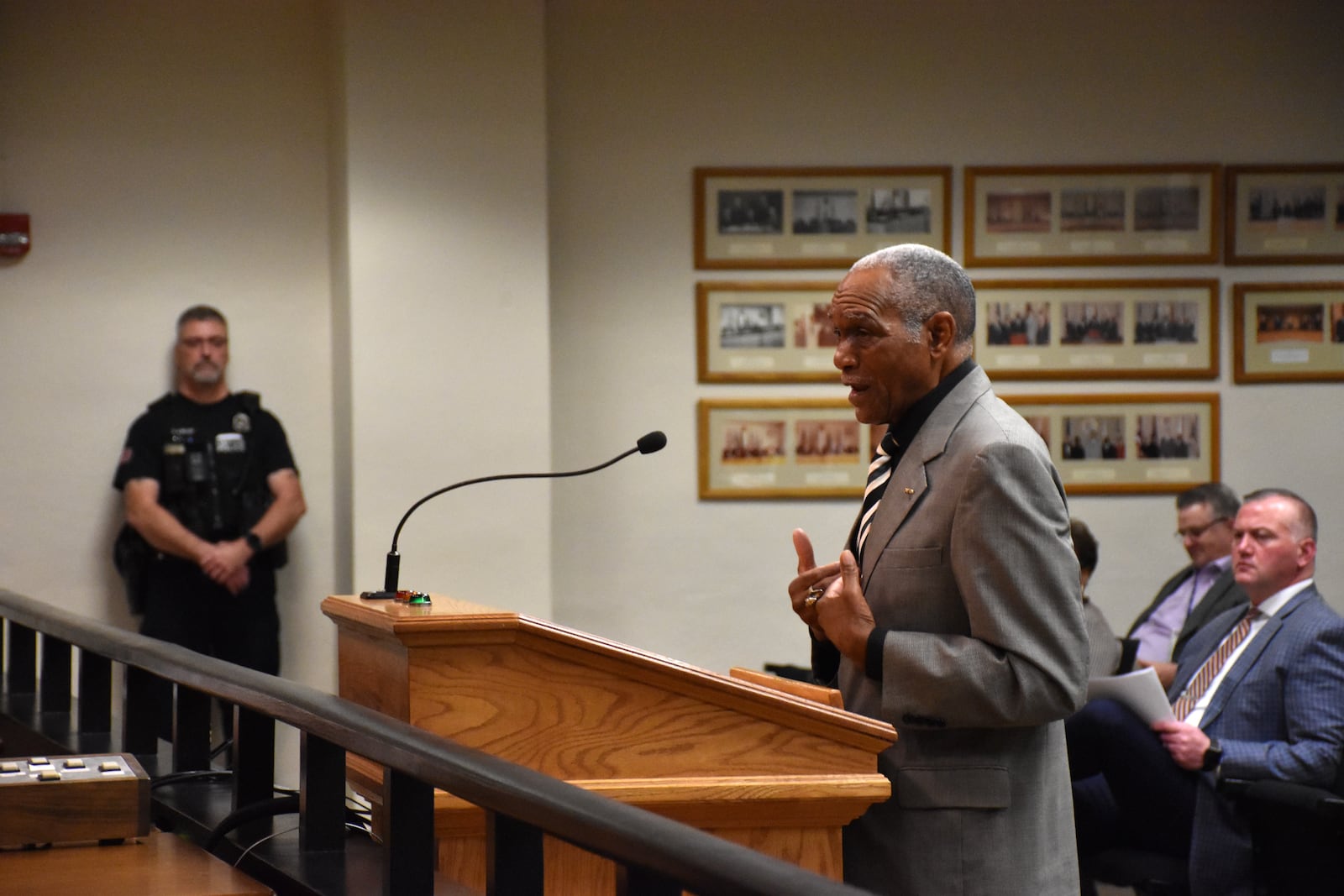 David Fox, a member of the original Use of Force Committee, speaks at the Dayton City Commission meeting on Wednesday, Nov. 15, 2023. CORNELIUS FROLIK / STAFF