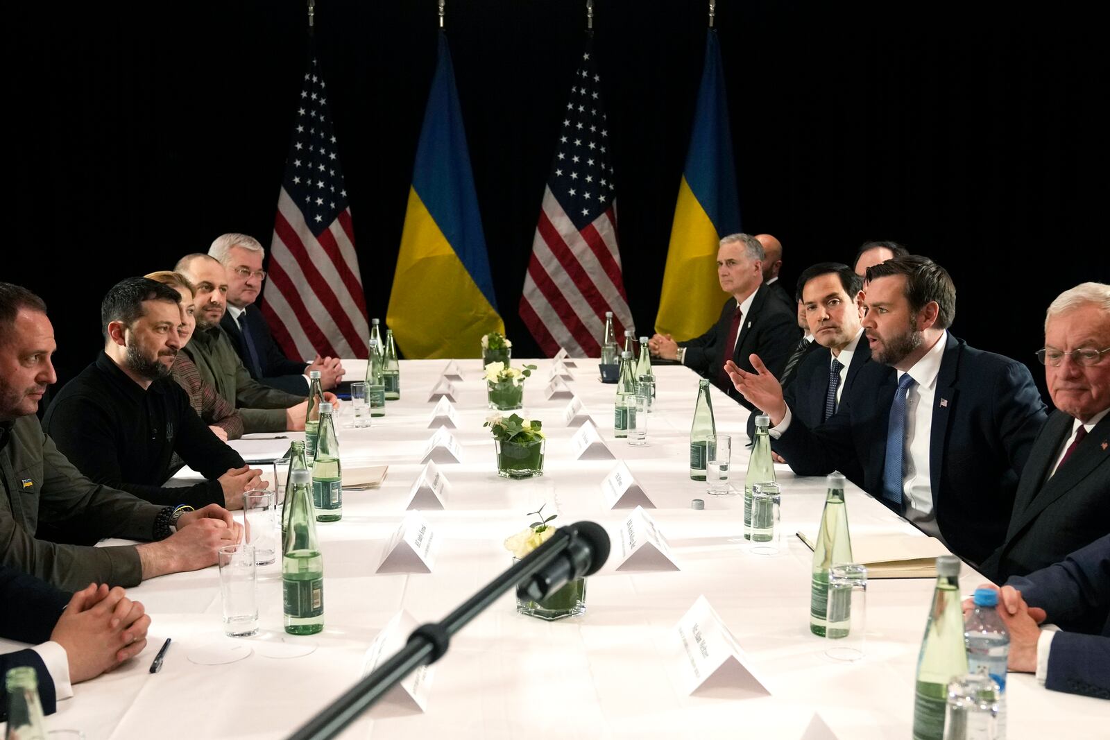 United States Vice-President JD Vance, second right, meets with Ukraine's President Volodymyr Zelenskyy, second left, during a bilateral meeting on the sidelines of the Munich Security Conference in Munich, Germany, Friday, Feb. 14, 2025. (AP Photo/Matthias Schrader)