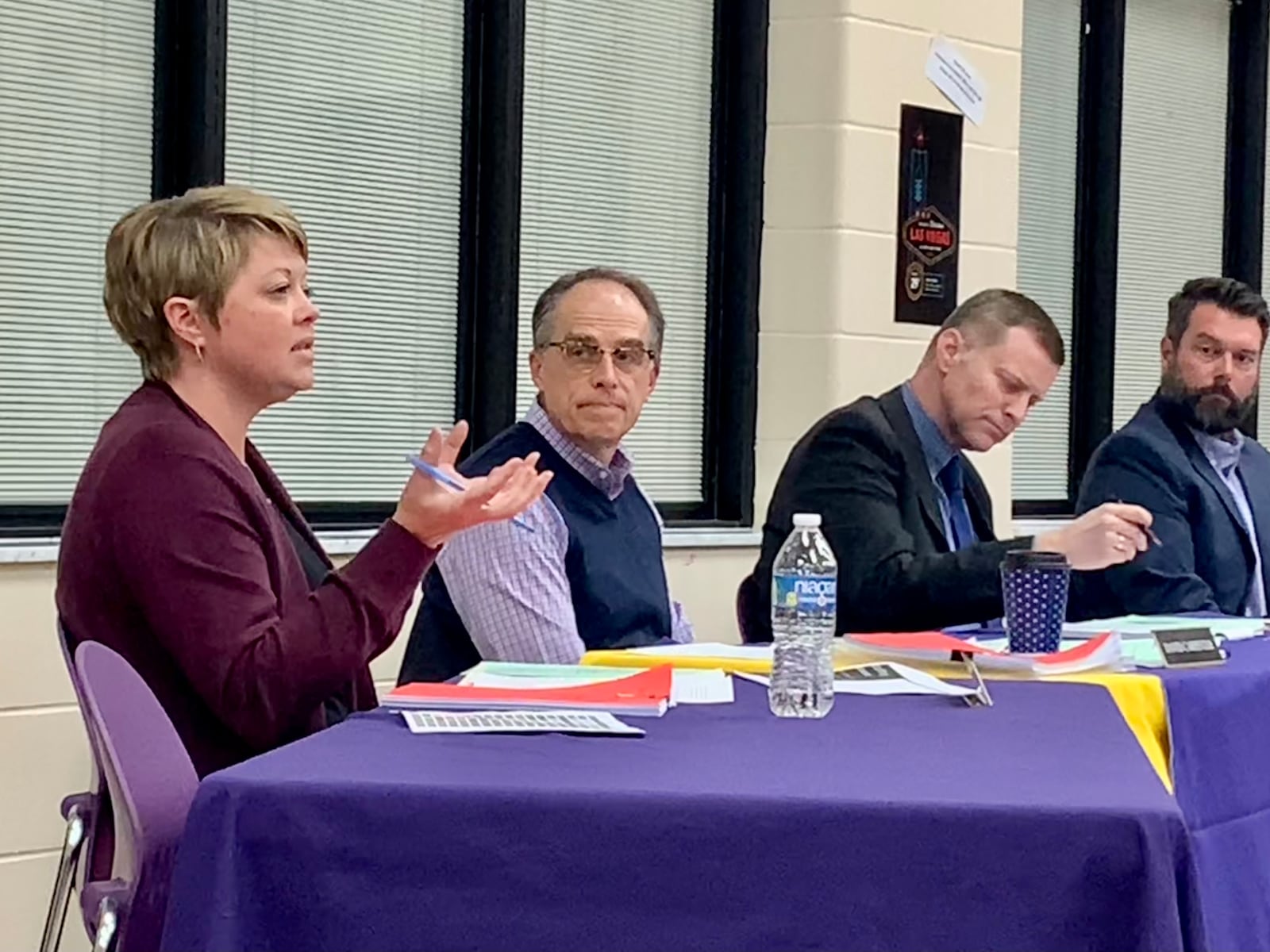 From left: Bellbrook school board members Audra Dorn, David Carpenter, Superintendent Doug Cozad, and board president Mike Kinsey at the board's April 27 meeting. LONDON BISHOP/STAFF