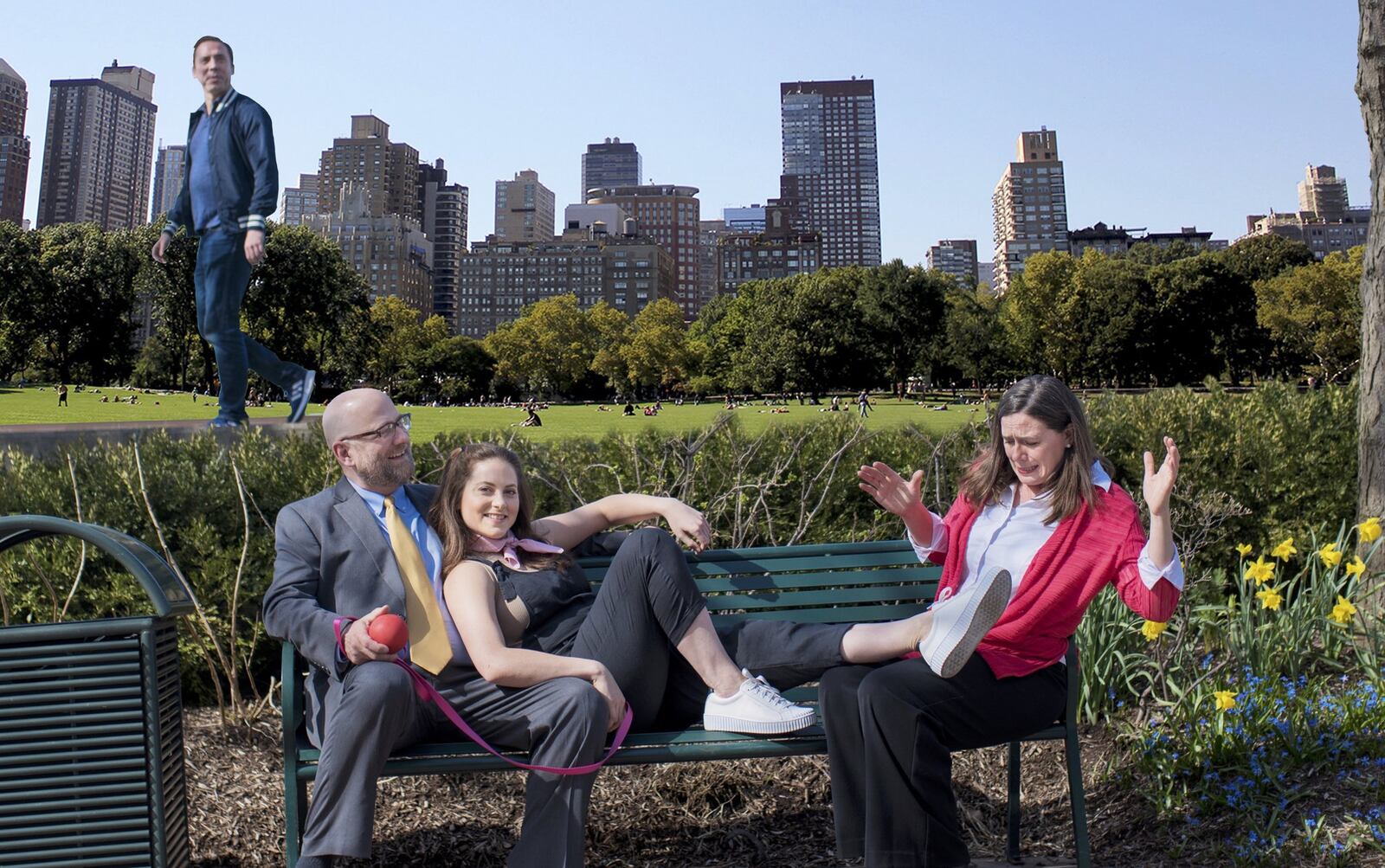 (left to right) Rory Sheridan (above in multiple roles), Jason Podplesky (Greg), Alex Sunderhaus (Sylvia), and Jennifer Joplin (Kate) are featured in the Human Race Theatre Company’s production of A.R. Gurney’s 1995 comedy “Sylvia,” slated April 25-May 12 at the Loft Theatre. CONTRIBUTED/IMMOBULUS PHOTOGRAPHY