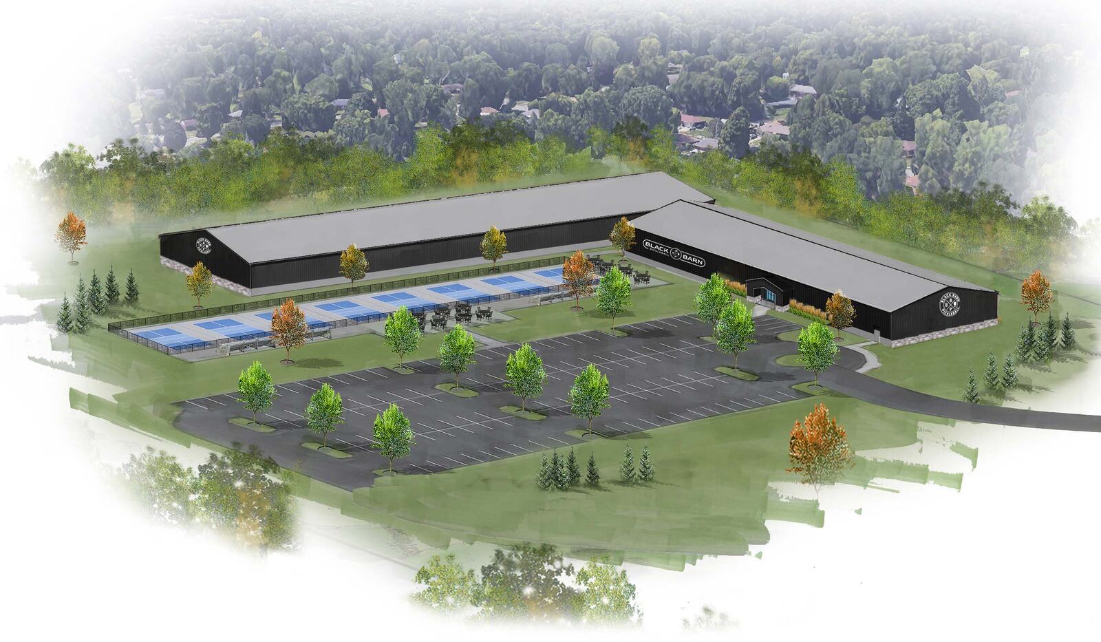 A rendering of the proposed Black Barn Pickleball facility on Linden Avenue in Riverside that would one of the largest indoor pickleball facilities in the state and nation. CONTRIBUTED