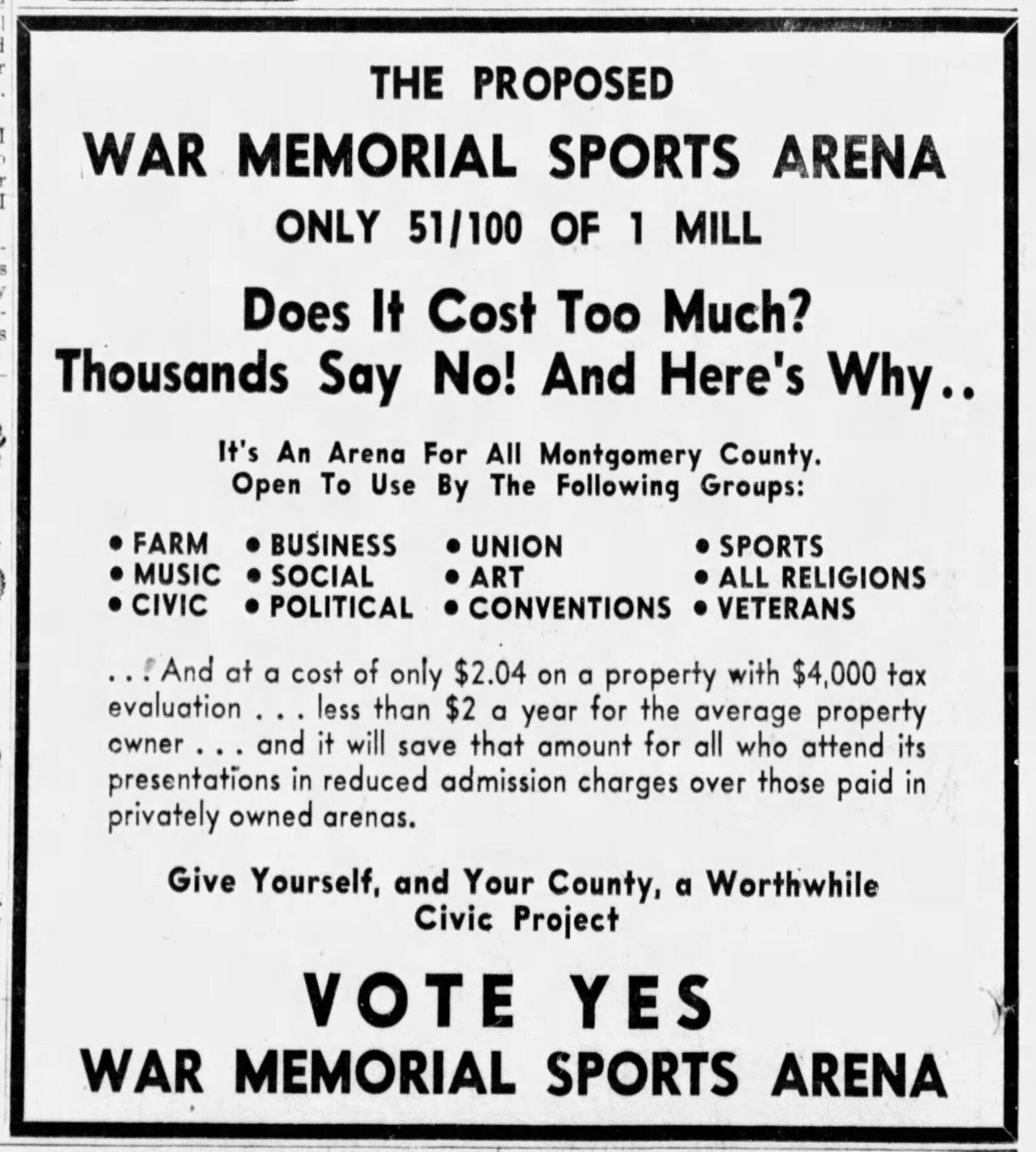 1948 advertisement for the War Memorial Sports Arena.  DAYTON DAILY NEWS ARCHIVES