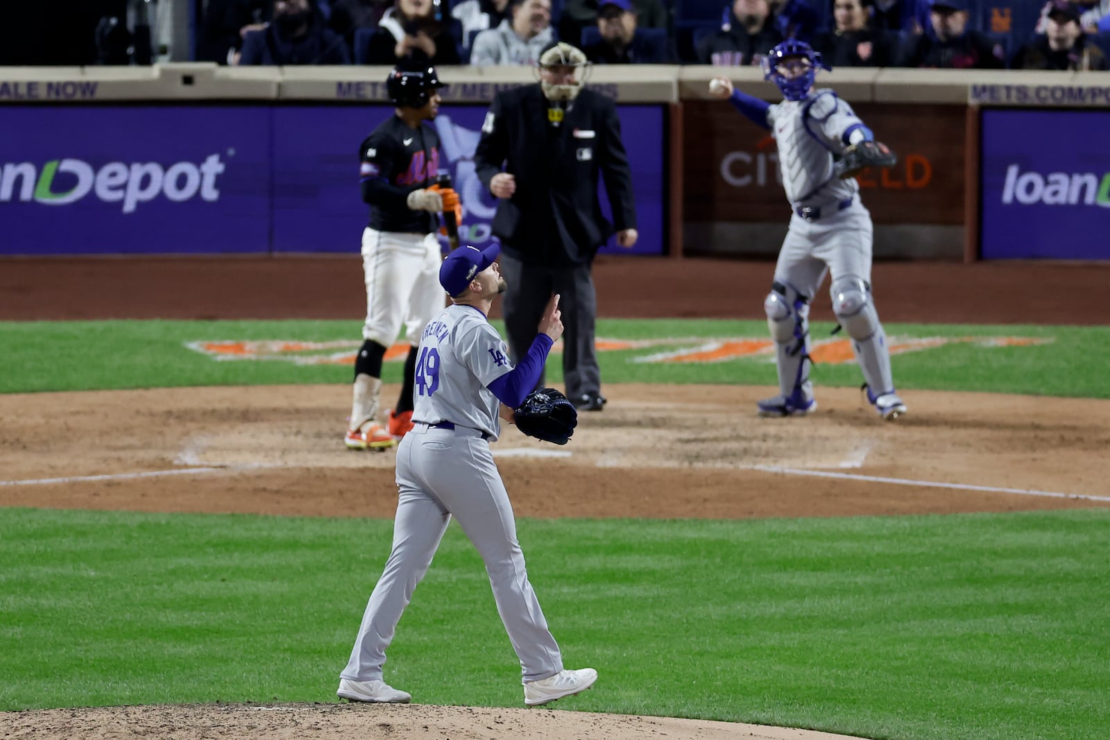 Los Angeles Dodgers pitcher Blake Treinen celebrates after striking out New York Mets' Francisco Lindor during the seventh inning in Game 3 of a baseball NL Championship Series, Wednesday, Oct. 16, 2024, in New York. (AP Photo/Adam Hunger)