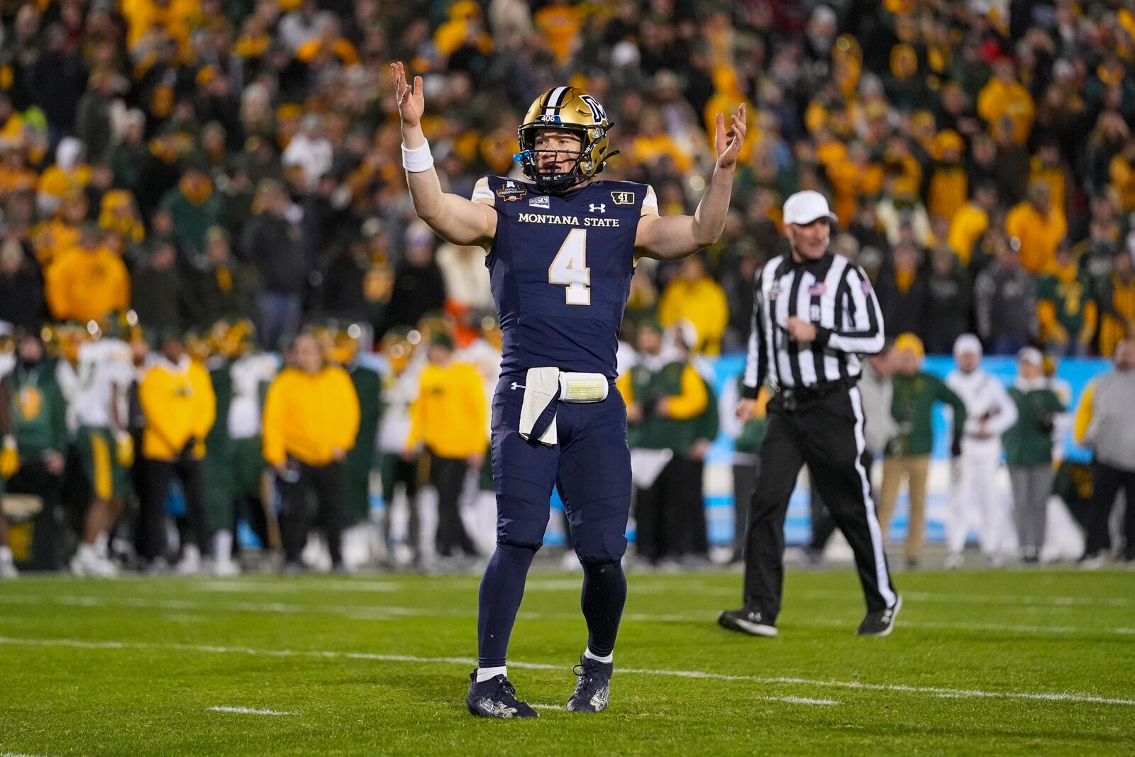 Montana State quarterback Tommy Mellott gestures after throwing a touchdown against North Dakota State during the second half of the FCS Championship NCAA college football game, Monday, Jan. 6, 2025, in Frisco, Texas. North Dakota State won 35-32. (AP Photo/Julio Cortez)