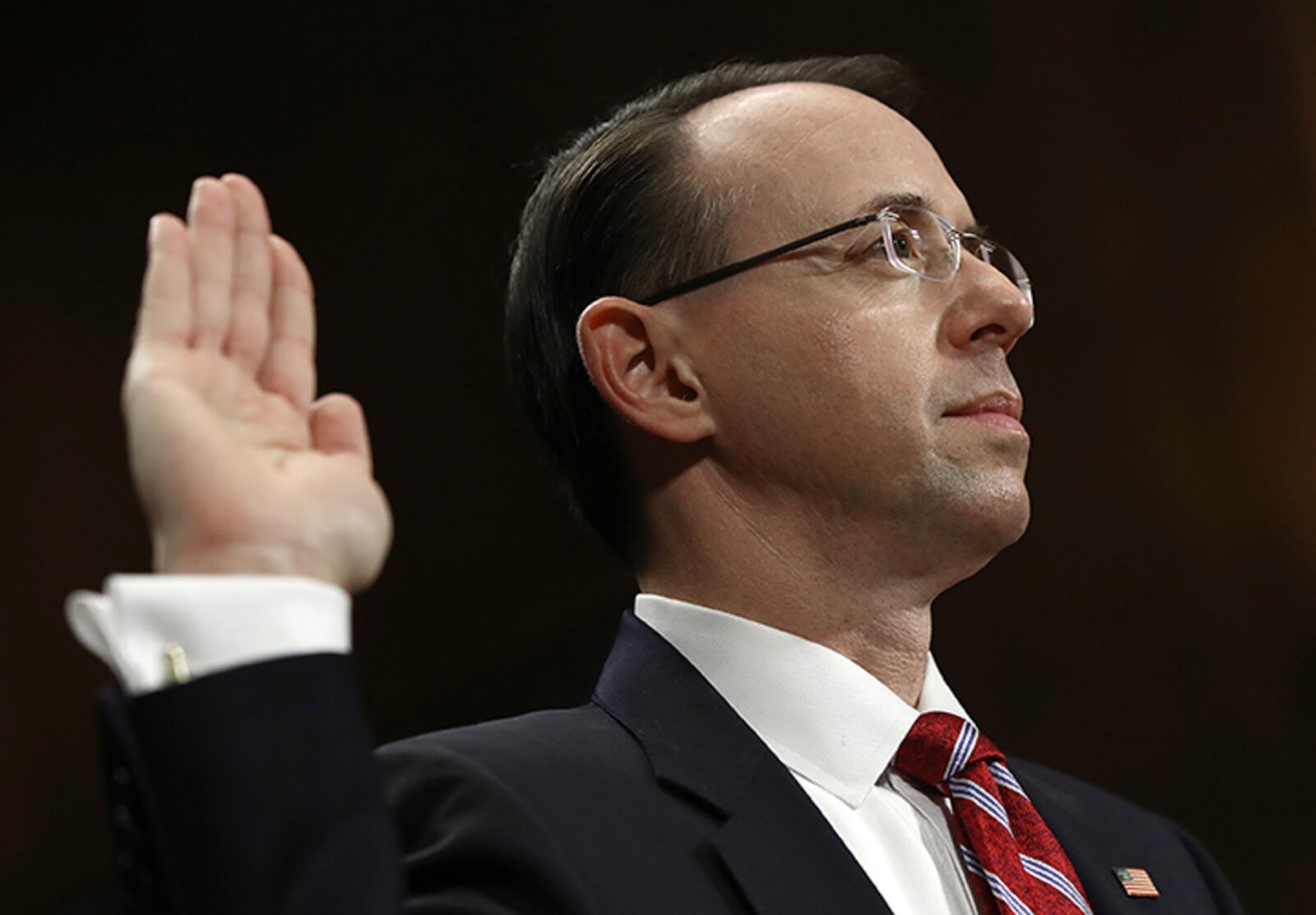 Deputy U.S. Attorney General nominee Rod Rosenstein is sworn in prior to testimony before the Senate Judiciary Committee March 7, 2017 in Washington, DC. During the hearing, Democratic senators pressed Rosenstein to appoint a special prosecutor in an ongoing federal inquiry into Russian influence in the U.S. presidential election.