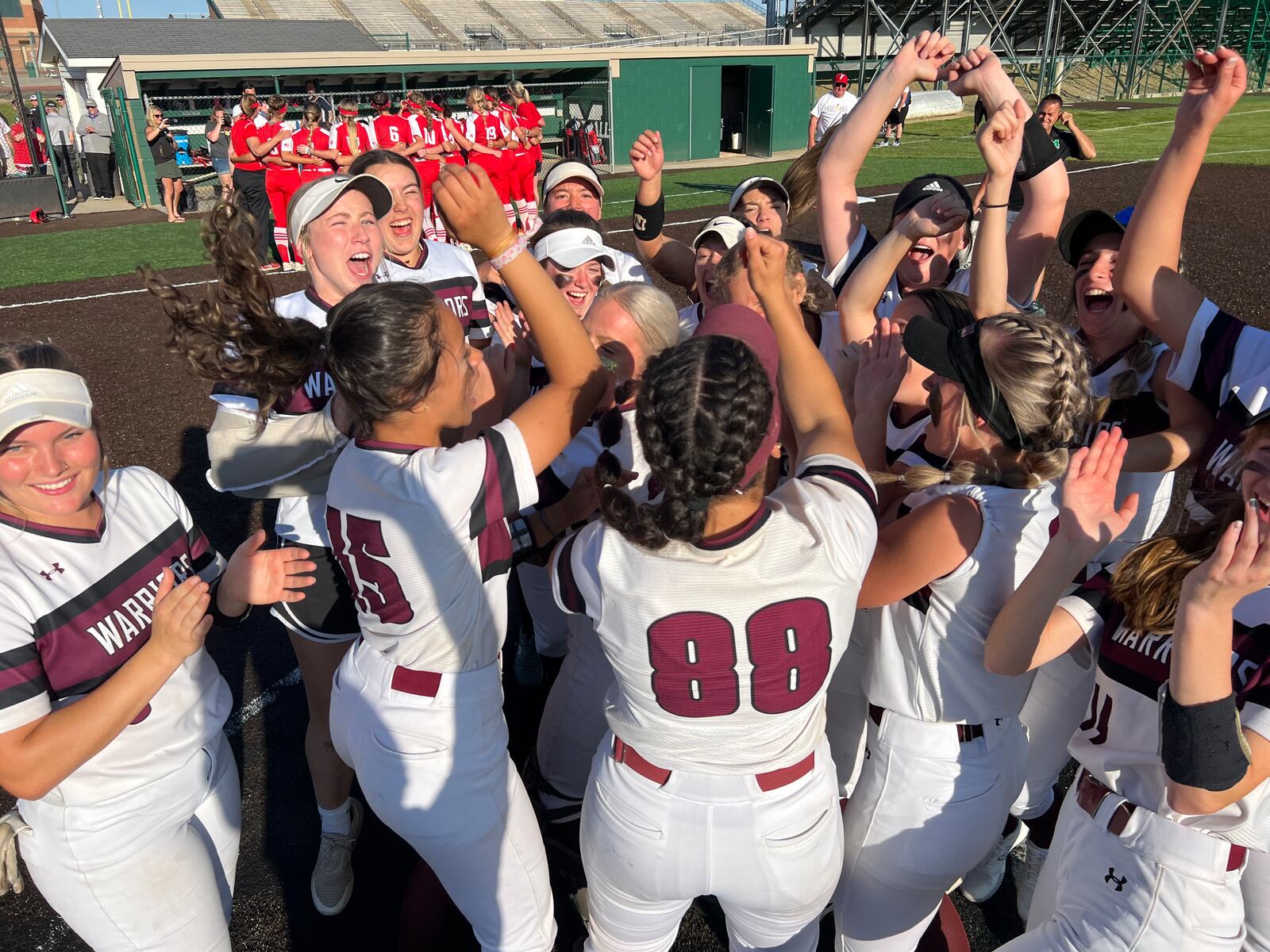 Lebanon celebrates its 7-0 win over Fairfield in a Division I regional final at Mason on May 26, 2023. Chris Vogt/CONTRIBUTED