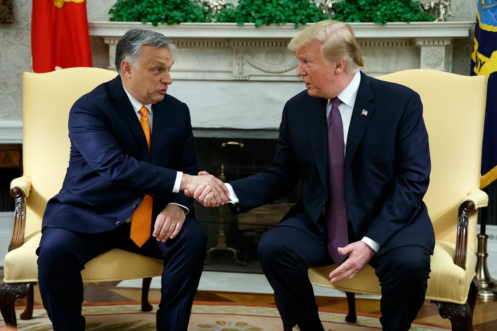 FILE - President Donald Trump shakes hands with Hungarian Prime Minister Viktor Orban in the Oval Office of the White House, May 13, 2019, in Washington. (AP Photo/Evan Vucci, File)