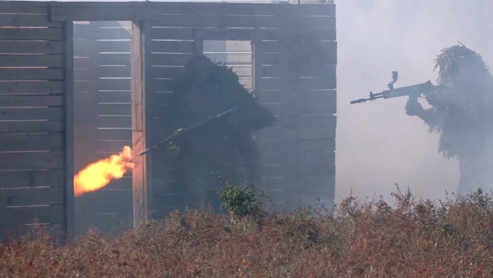 In this image from video released by the Russian Defense Ministry on Friday, Nov. 1, 2024, Russian soldiers attend combat training for assault units at an undisclosed location in Ukraine. (Russian Defense Ministry Press Service via AP)