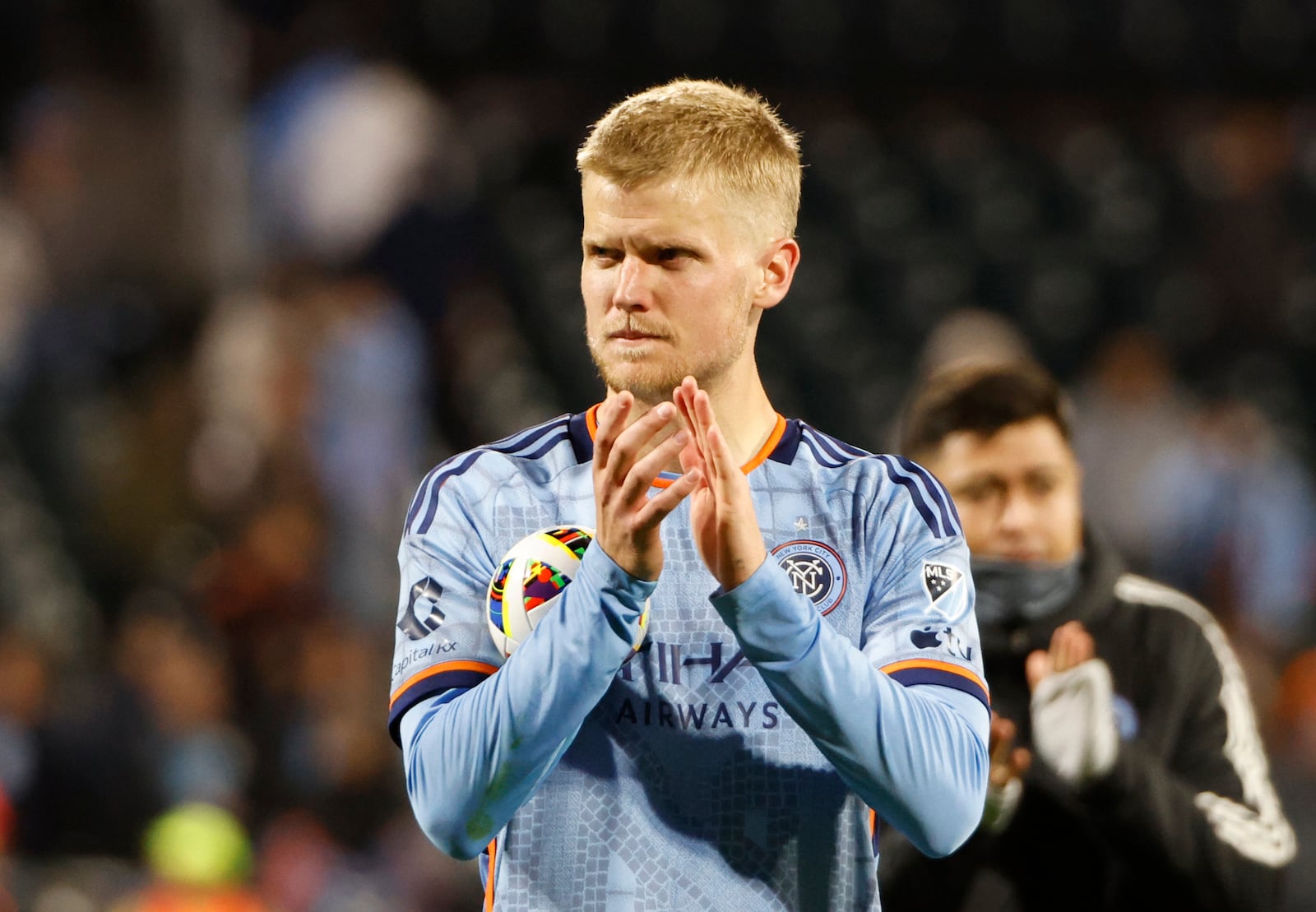 New York City FC's Keaton Parks (55) reacts after they defeated FC Cincinnati in Game 2 in the first round of the MLS Cup soccer playoffs, Saturday, Nov. 2, 2024, in New York. (AP Photo/Kena Betancur)