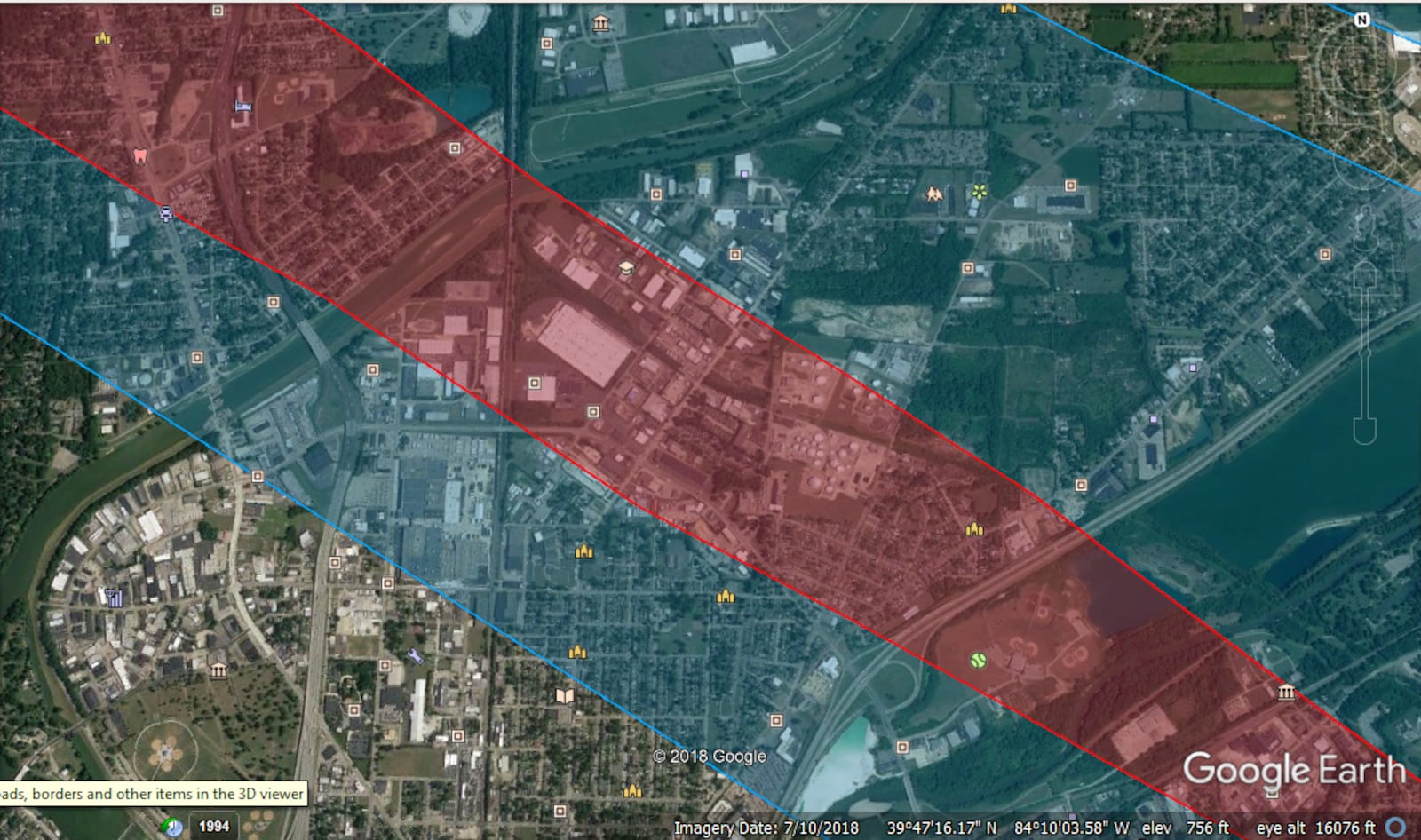 An aerial overlay that shows the tornado's path on the ground in red and the extent of the funnel circulation in the air in blue as determined by the National Weather Service and mapping provided by Google Earth. (CONTRIBUTED)