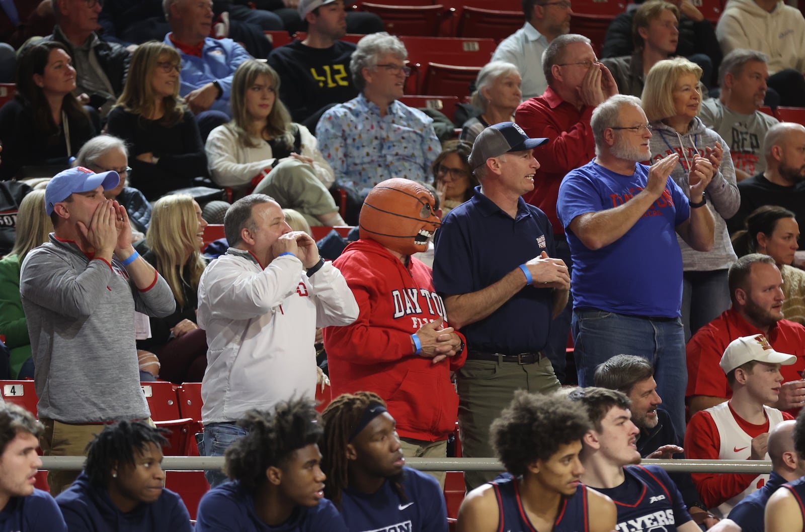 Dayton fans cheer during a game against Davidson on Wednesday, Jan. 3, 2024, at Belk Arena in Davidson, N.C. David Jablonski/Staff