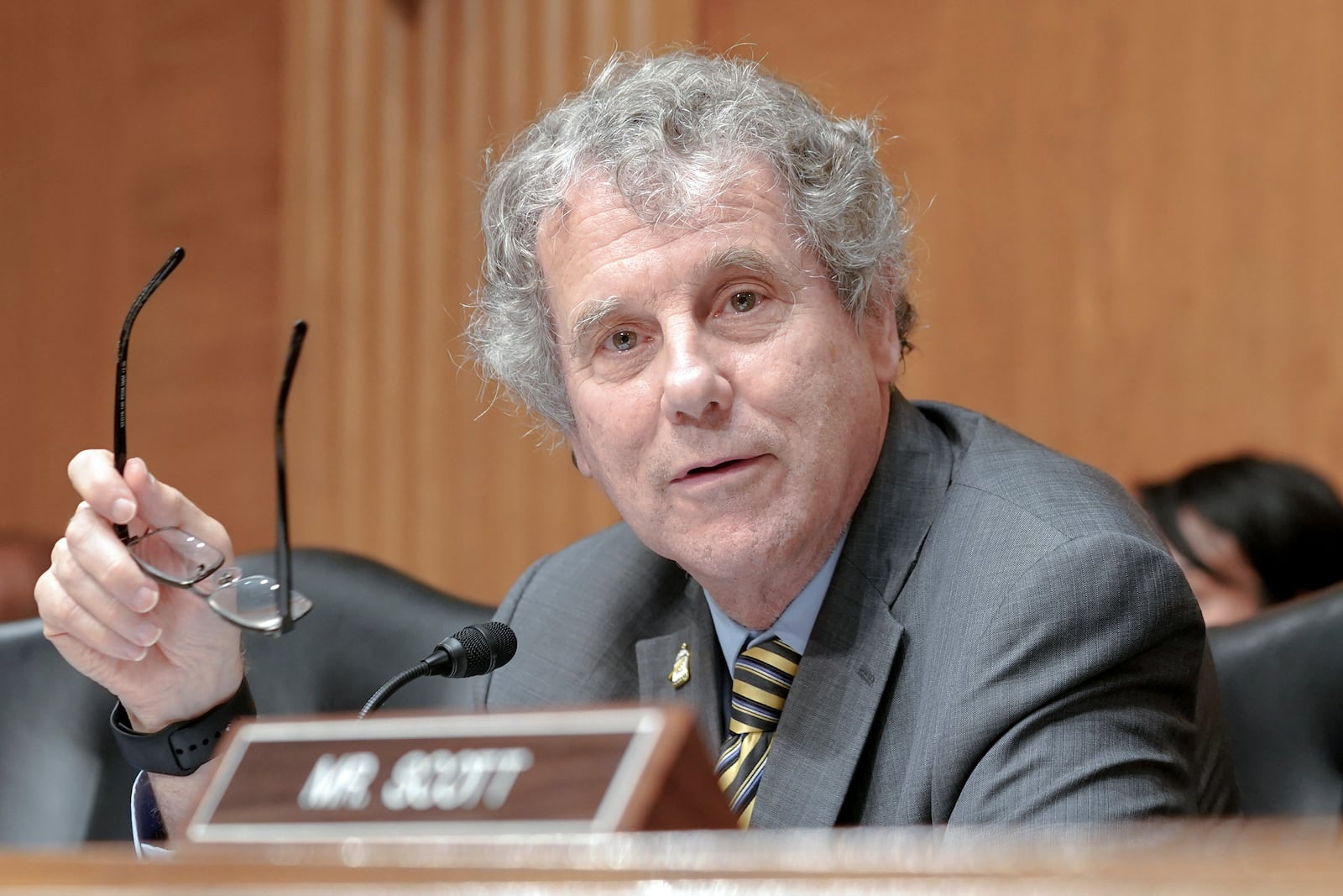 Sen. Sherrod Brown, D-Ohio, speaks during a Senate Banking Committee hearing, Thursday, June 22, 2023, on Capitol Hill in Washington. (AP Photo/Mariam Zuhaib)