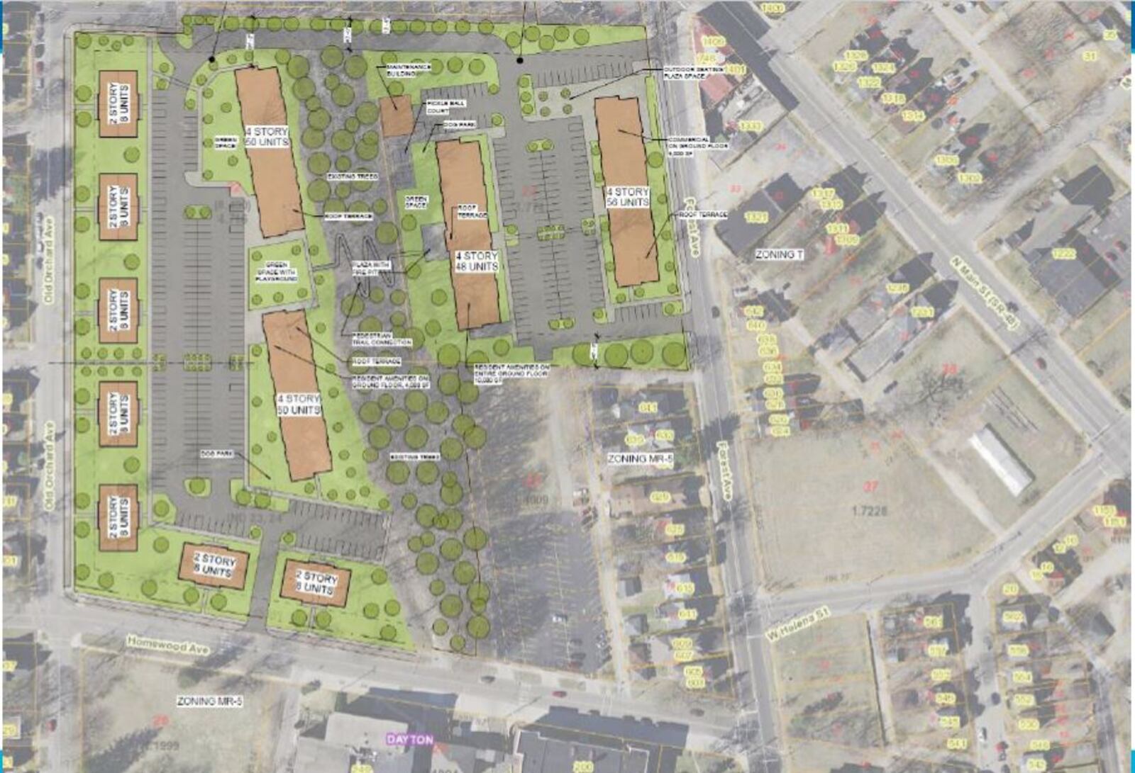 A proposed site plan for the former Julienne High School and the Hampton Square Apartment properties. A developer plans 260 units of new housing. CONTRIBUTED