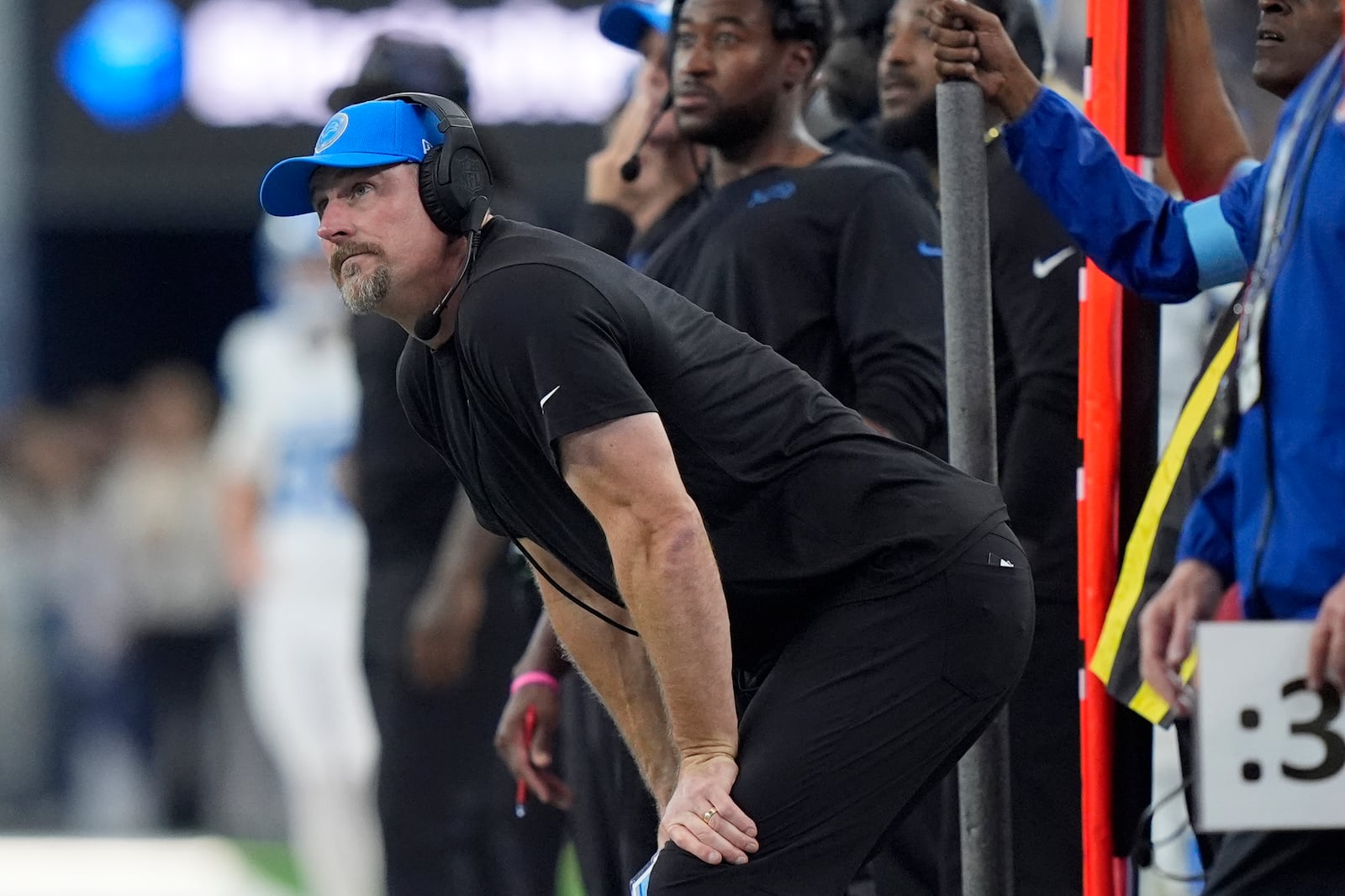 Detroit Lions head coach Dan Campbell watches as the Dallas Cowboys kick a field goal in the first half of an NFL football game in Arlington, Texas, Sunday, Oct. 13, 2024. (AP Photo/LM Otero)