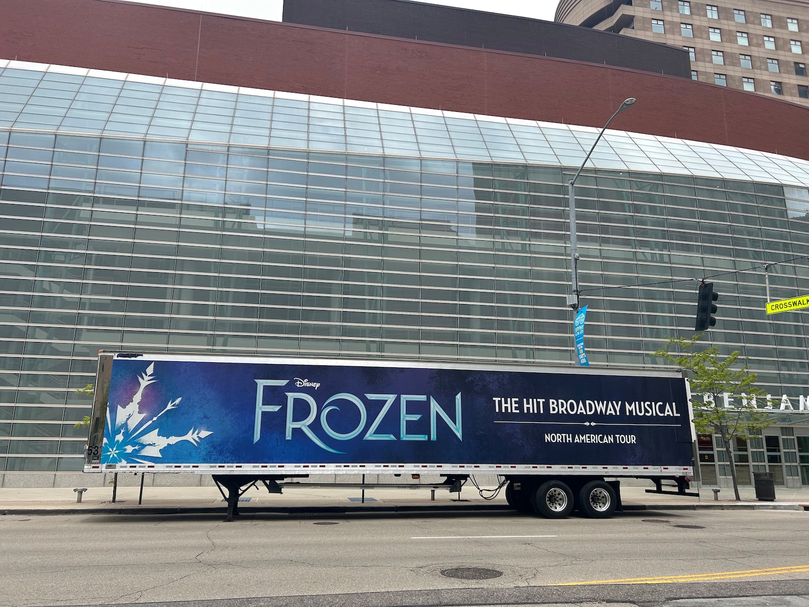 The trailer carrying equipment for Disney's "Frozen" arrived at the Schuster Center ahead of its run May 4-14. STAFF