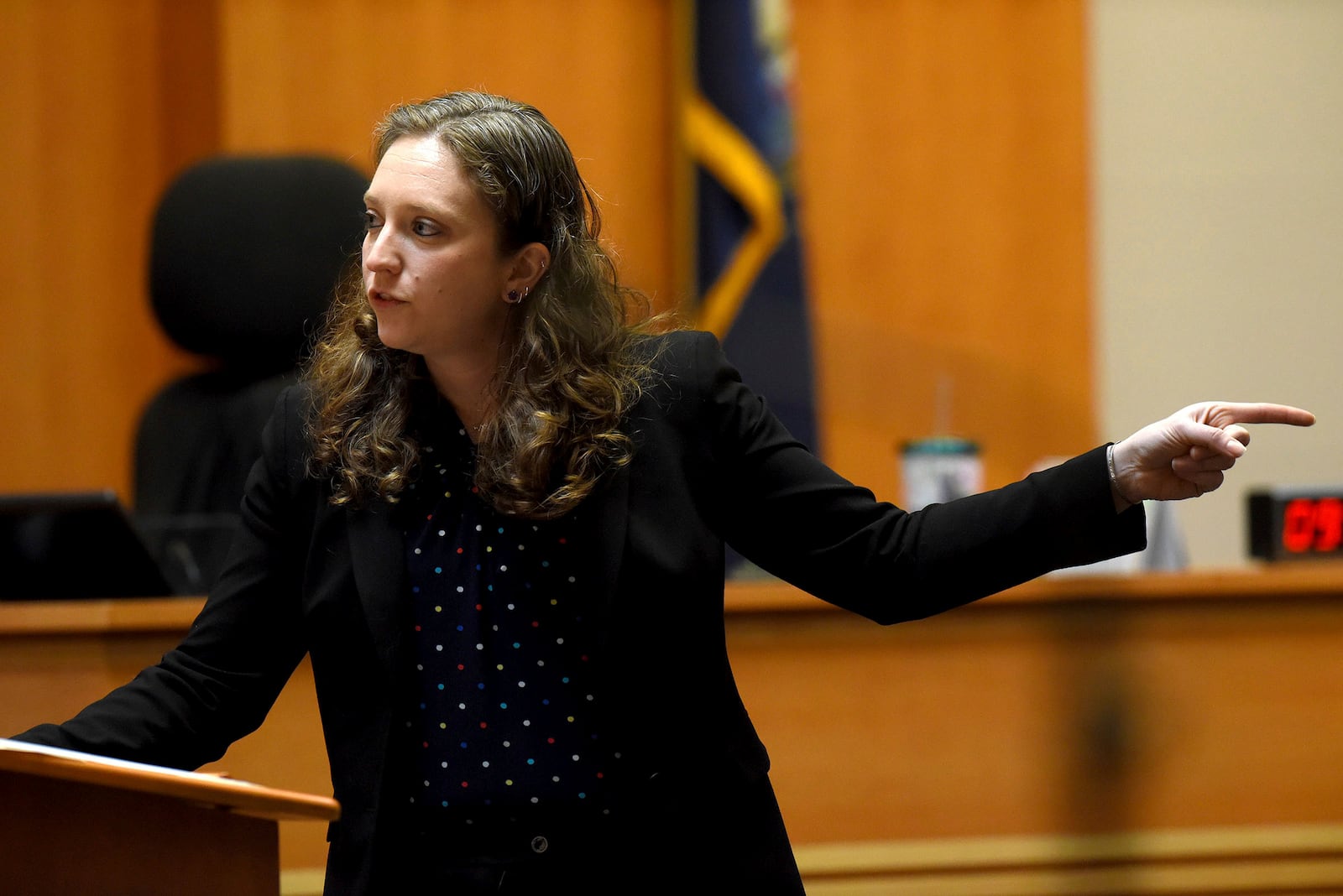 Assistant Attorney General Audriana Mekula gestures while giving the closing argument in the Stephen Murphy trial at Hillsborough County Superior Court in Manchester, N.H., on Tuesday, Jan. 21, 2025. (David Lane/Union Leader via AP, Pool)