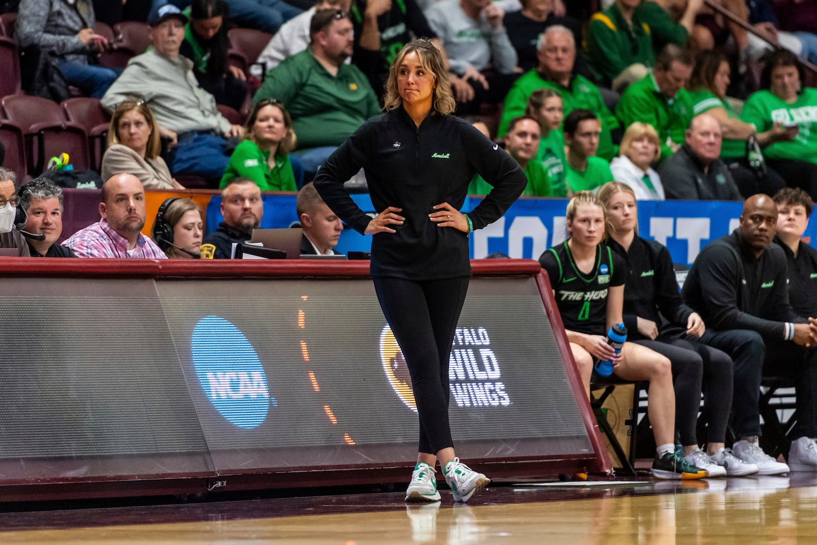 FILE - Marshall head coach Kim Caldwell looks on during the second half of a first-round college basketball game against Virginia Tech in the women's NCAA Tournament in Blacksburg, Va., Friday, March 22, 2024. (AP Photo/Robert Simmons, File)