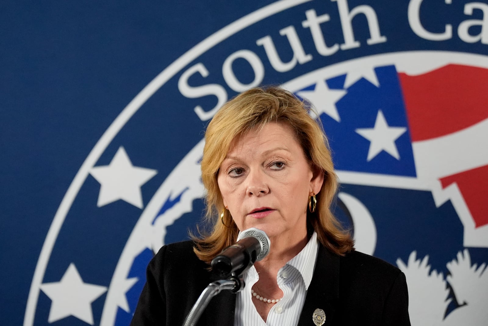 Chrysti Shain, Director of Communications for the South Carolina Department of Corrections, speaks during a news conference after the execution of South Carolina inmate Brad Sigmon, Friday, March 7, 2025, in Columbia, S.C. (AP Photo/Chris Carlson)