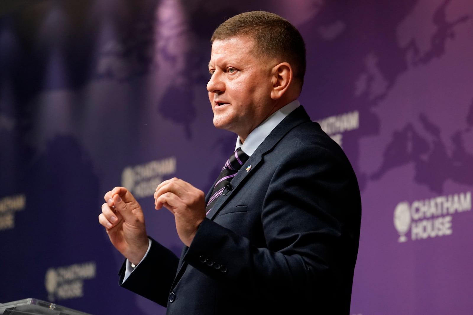 Ukraine Ambassador to UK, Valerii Zaluzhnyi, speaks at a Chatham House event in London, Thursday, Oct. 17, 2024. (AP Photo/Alberto Pezzali)