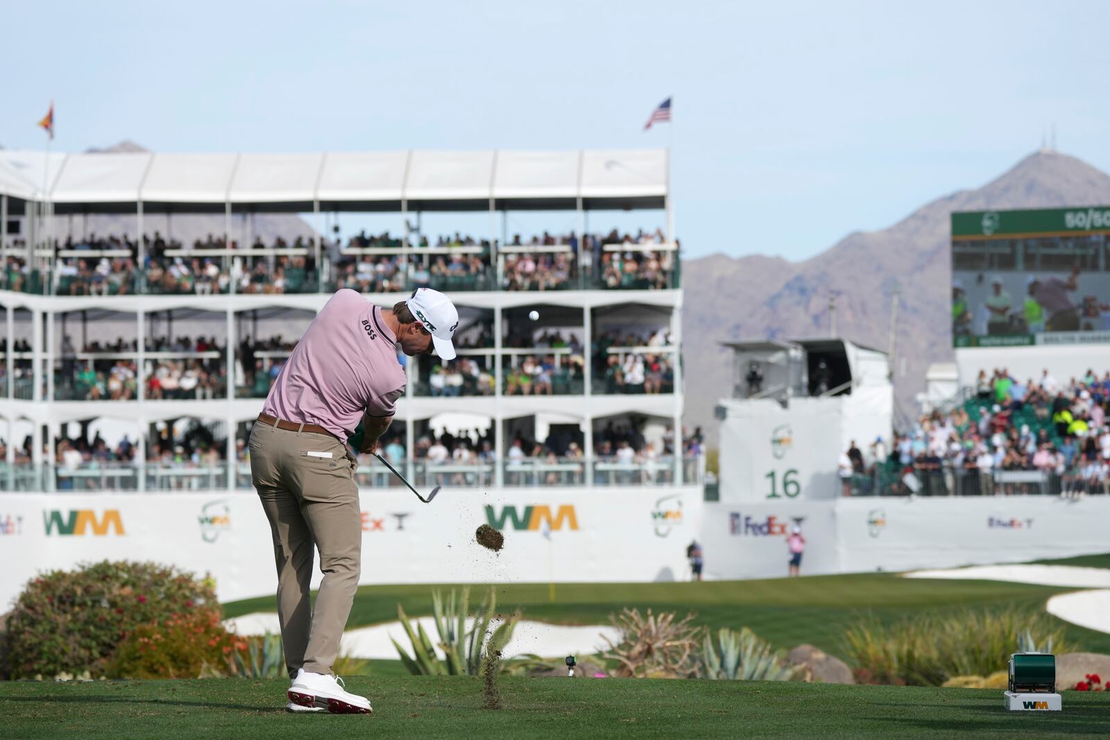 Thomas Detry, of Belgium, hits his tee shot at the 16th hole during the third round of the Phoenix Open golf tournament at TPC Scottsdale Saturday, Feb. 8, 2025, in Scottsdale, Ariz. (AP Photo/Ross D. Franklin)