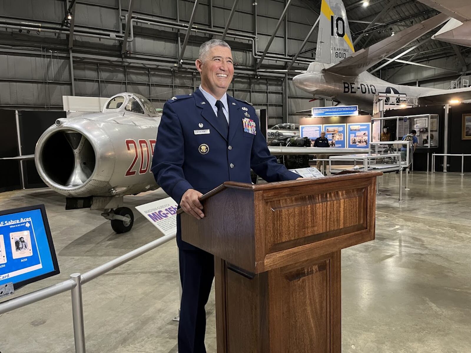 Col. Kenneth A. Stremmel, the new commander of the National Air and Space Intelligence Center, speaking at "MiG alley" at the National Museum of the U.S. Air Force Friday July 26, 2024 THOMAS GNAU/STAFF