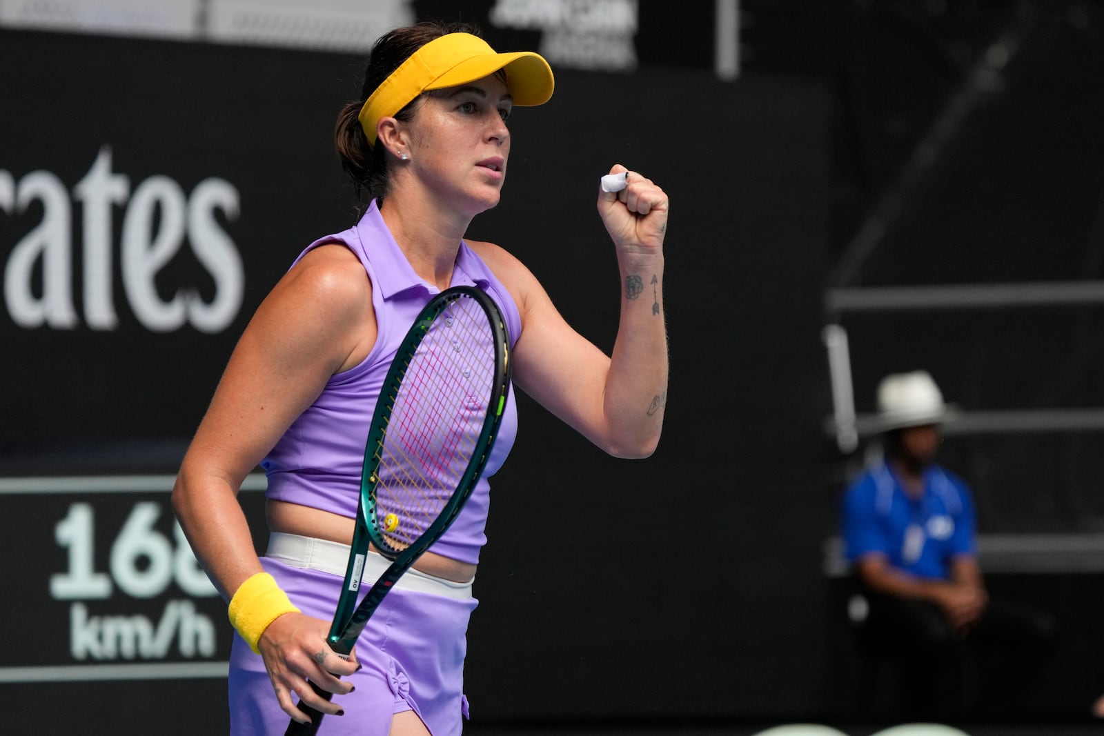 Anastasia Pavlyuchenkova of Russia reacts after winning the first set against Laura Siegemund of Germany during their third round match at the Australian Open tennis championship in Melbourne, Australia, Friday, Jan. 17, 2025. (AP Photo/Manish Swarup)